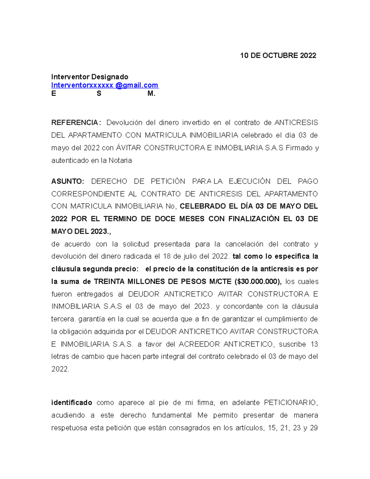 Derecho De Peticion Modelo - 10 DE OCTUBRE 2022 Interventor Designado ...