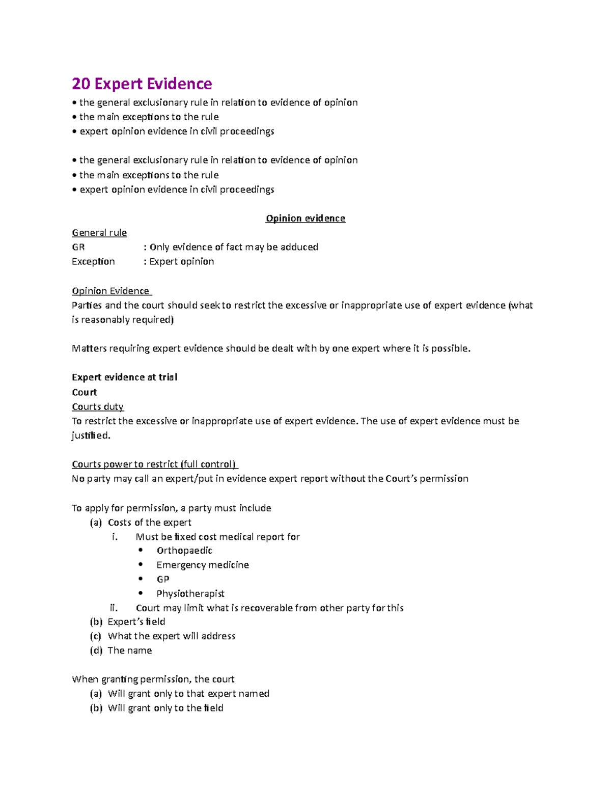 20 Expert Evidence - Combination of lecture notes and personal notes ...