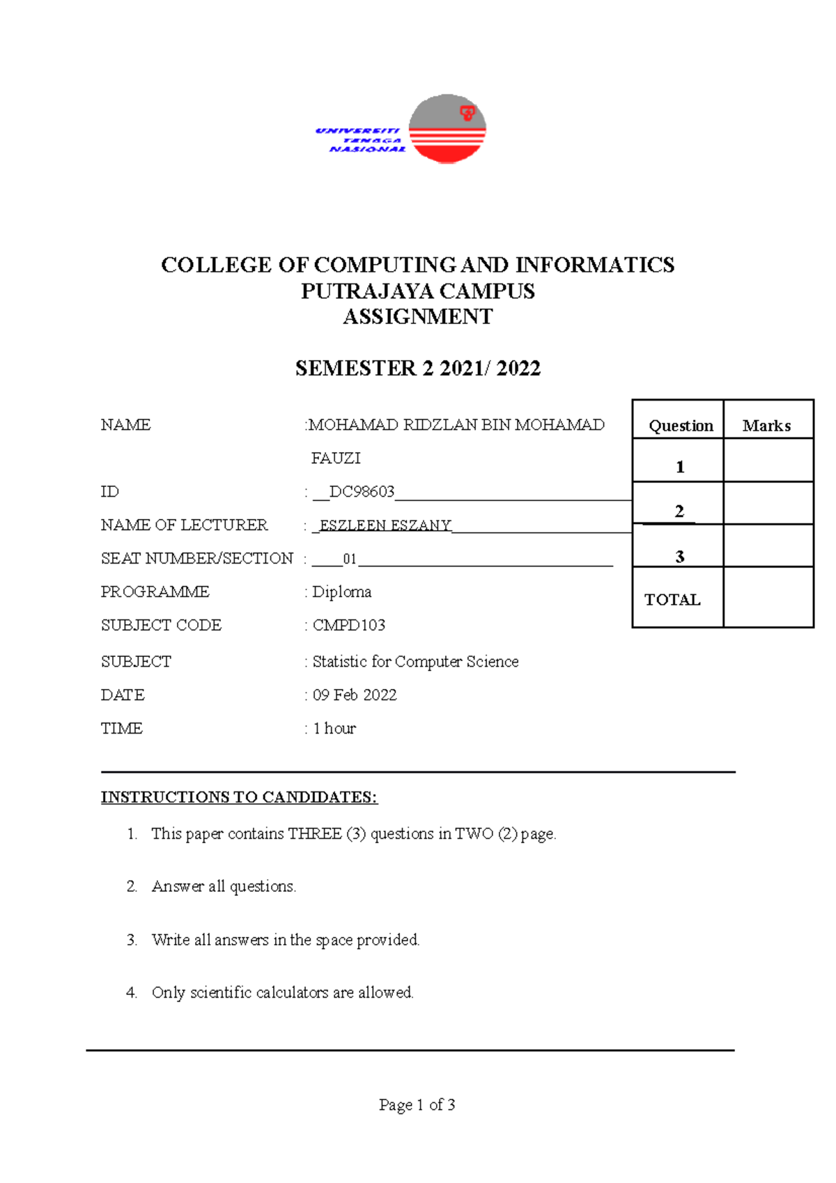 ASGT CMPD103 - this is just a quiz - COLLEGE OF COMPUTING AND ...