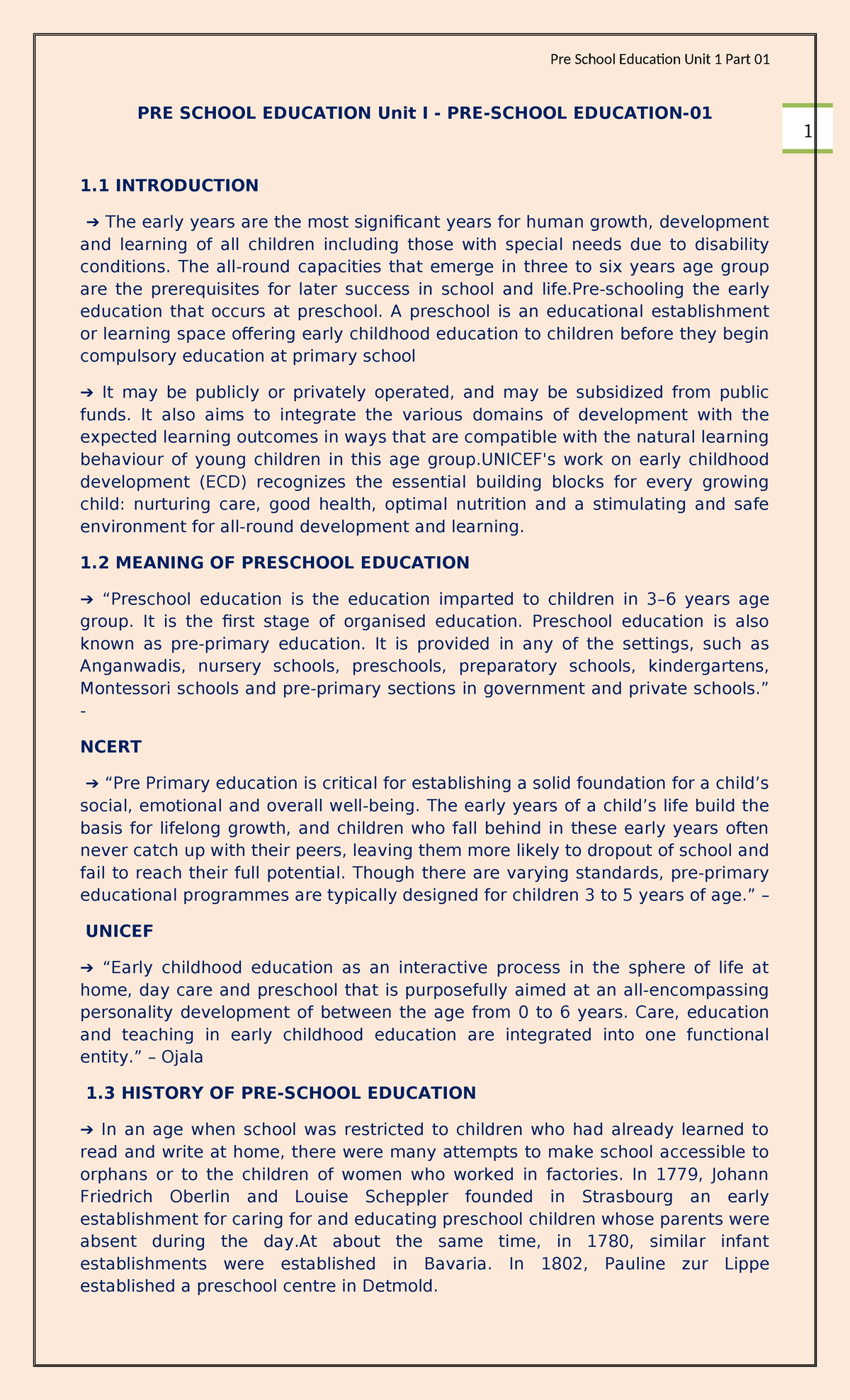 Note 3 - notes on education - 1 PRE SCHOOL EDUCATION Unit I - PRE ...