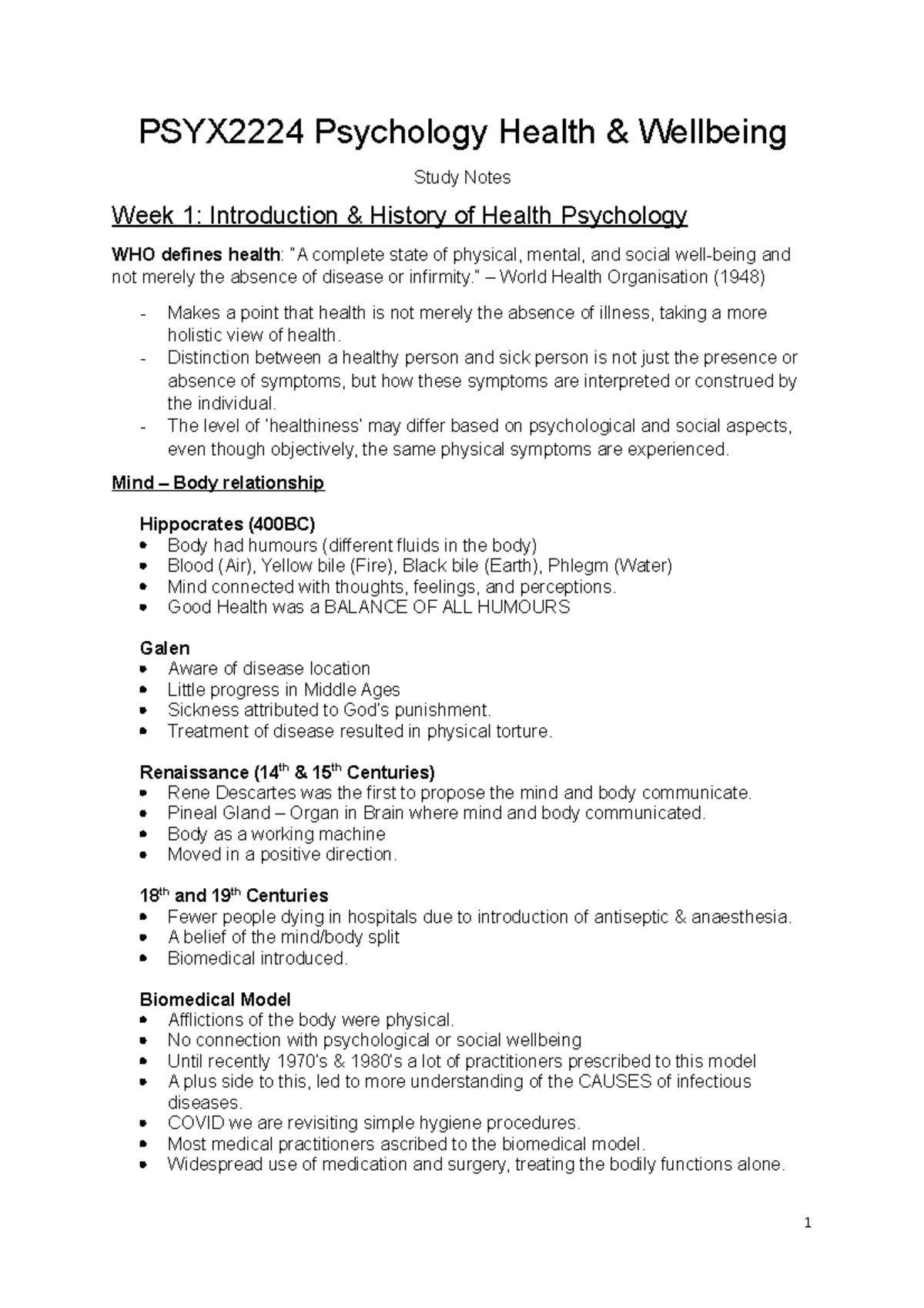 PSYX2224 Psychology Health EXAM study notes - PSYX2224 Psychology ...