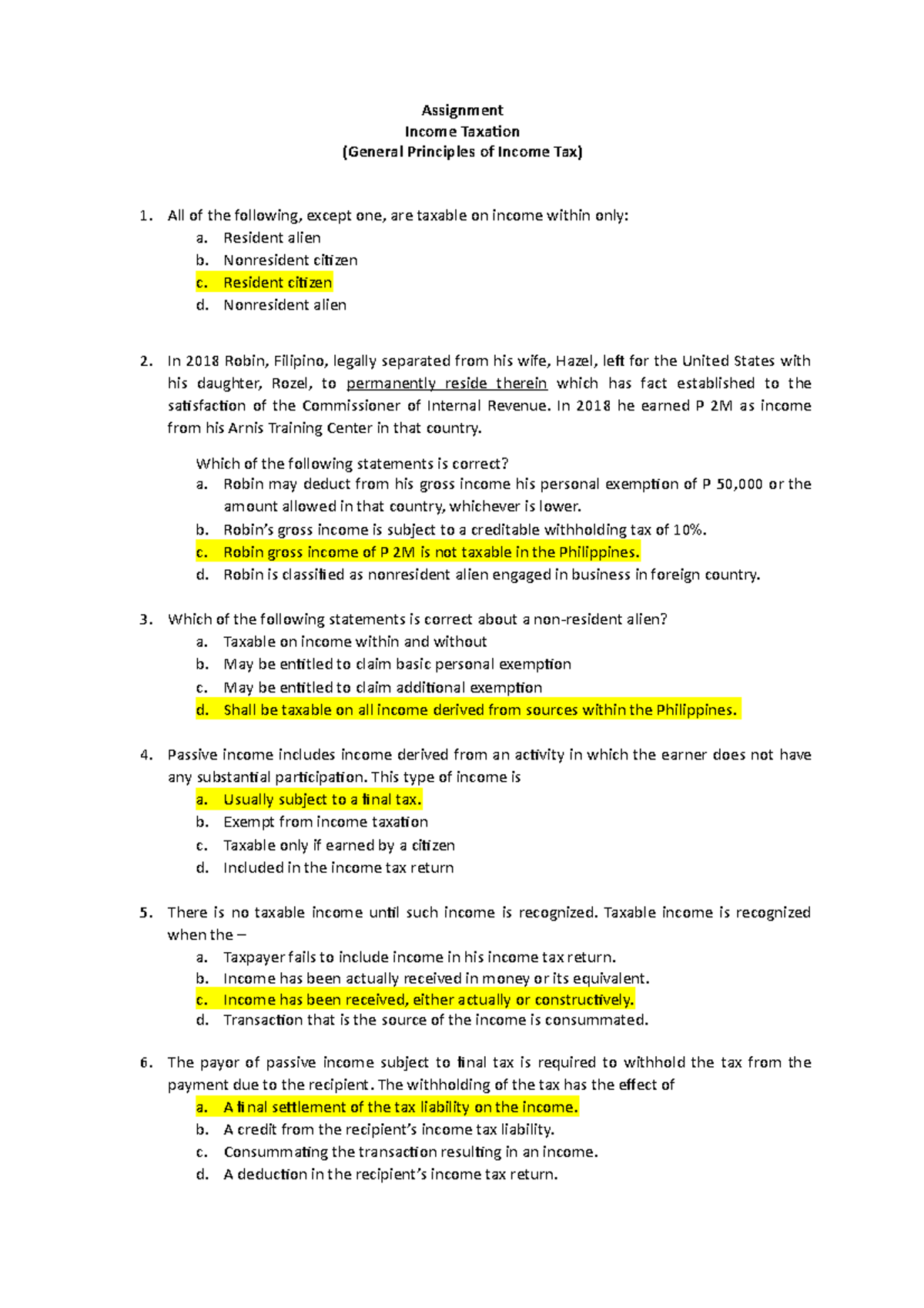 3.4.1 Answer Key - General Principles of Income Tax - Assignment Income ...