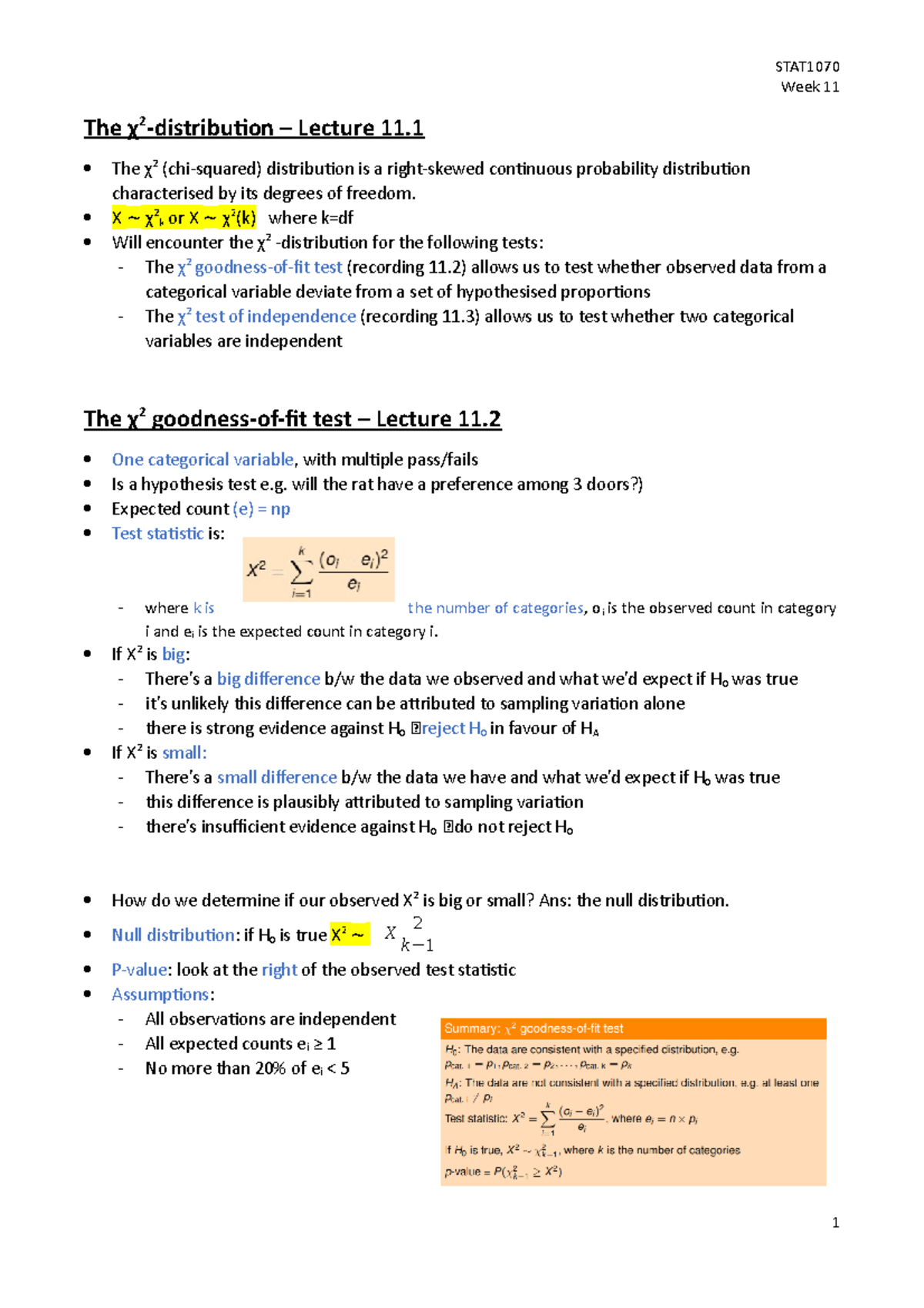 Week 11 Lecture Notes χ2 Tests Stat Week 11 The χ 2 Distribution