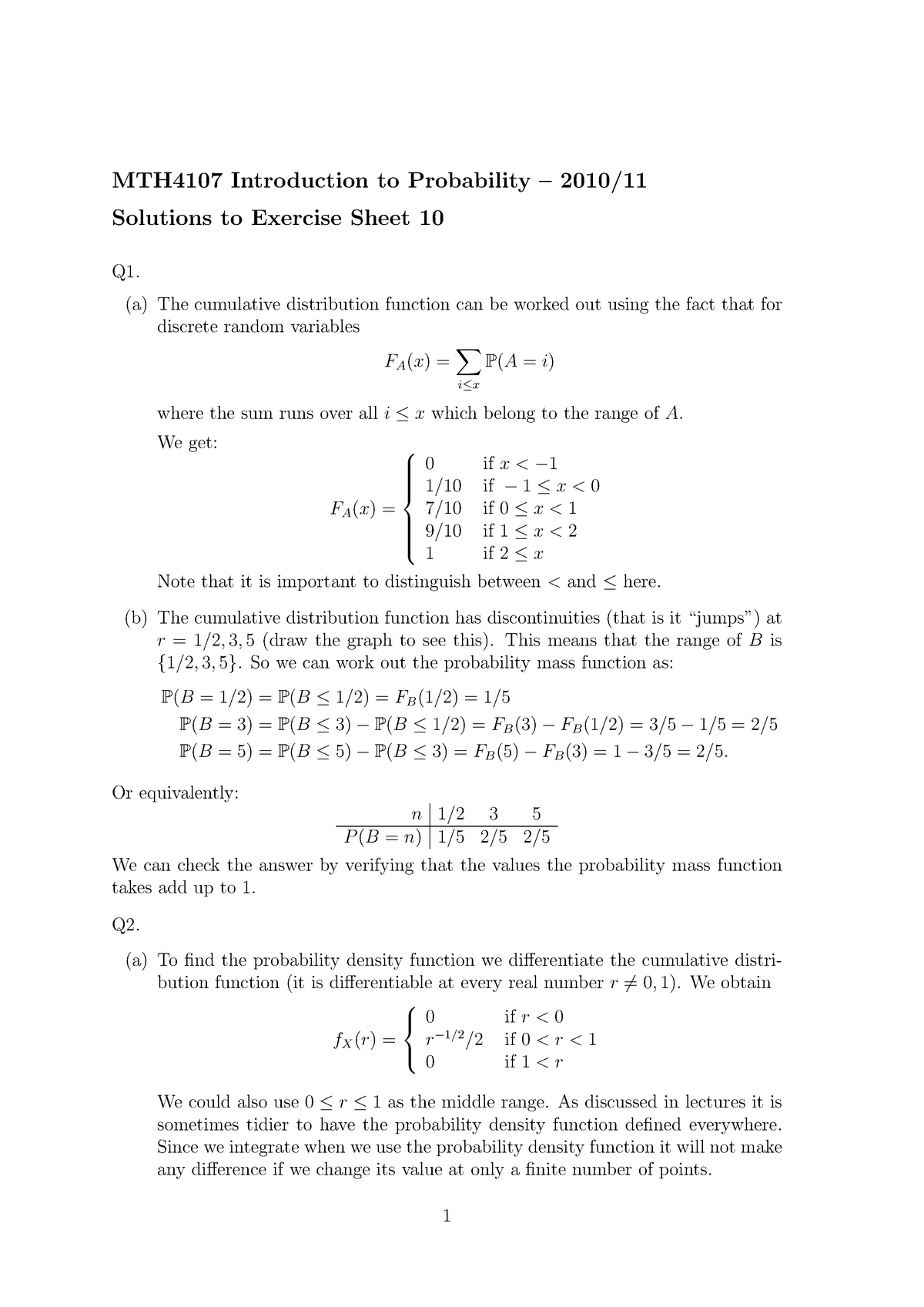 MTH4107 Introduction to Probability Solutions to Exercise Sheet 10 ...