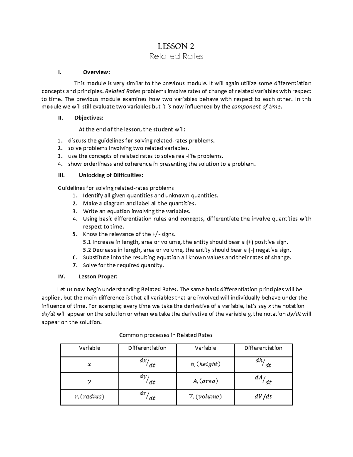 L2 - CALCULUS - LESSON 2 Related Rates I. Overview: This module is very ...