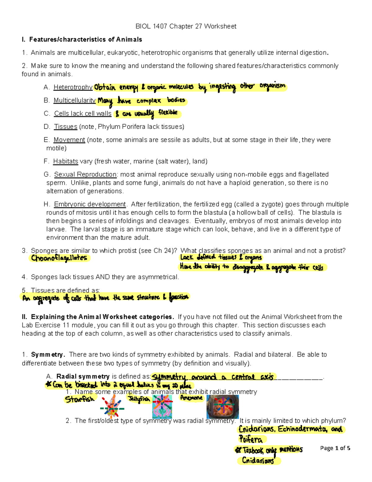 Ch 27 - Animal Diversity Notes - Page 1 Of 5 BIOL 1407 Chapter 27 ...