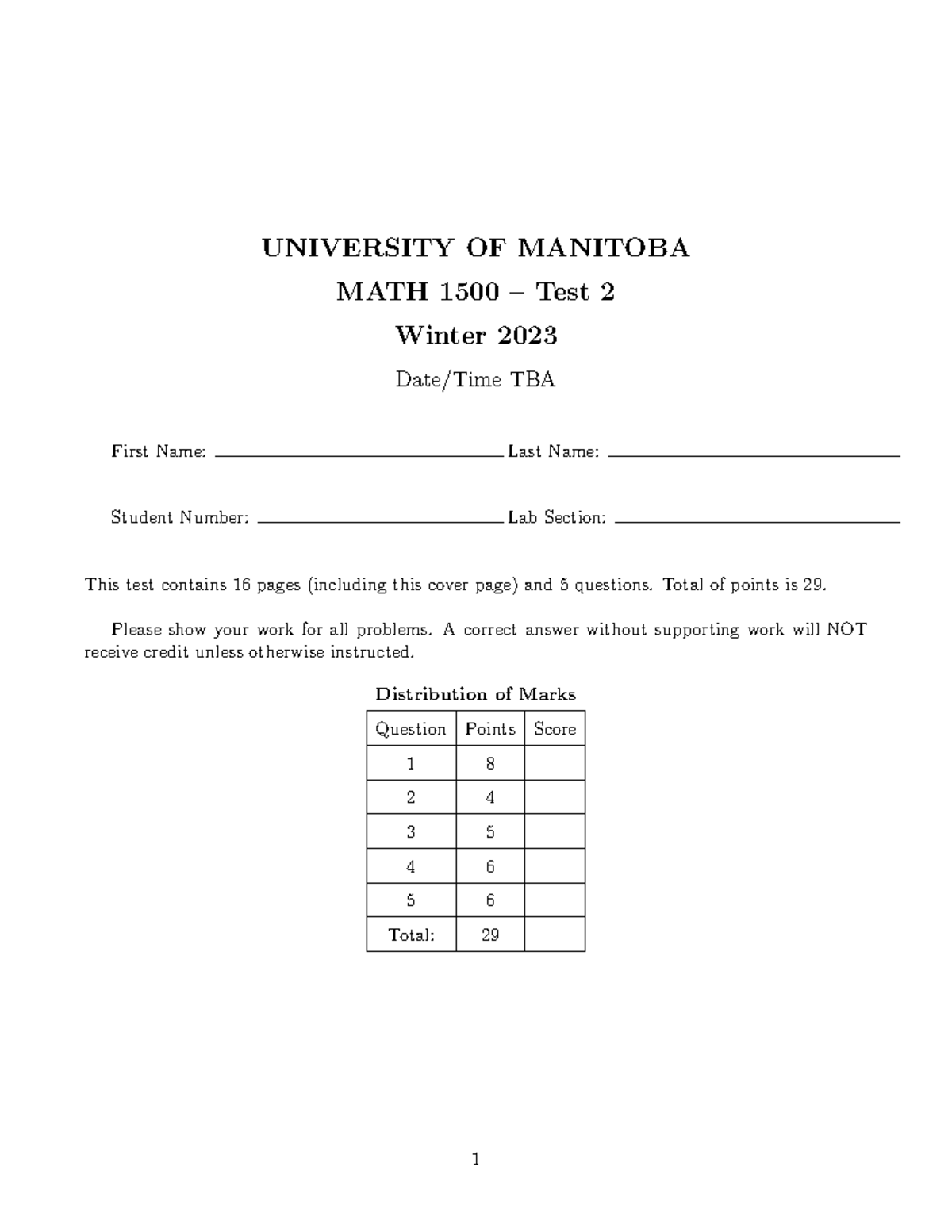 Math 1500 Test 2 Solutions University Of Manitoba Math 1500 Test 2