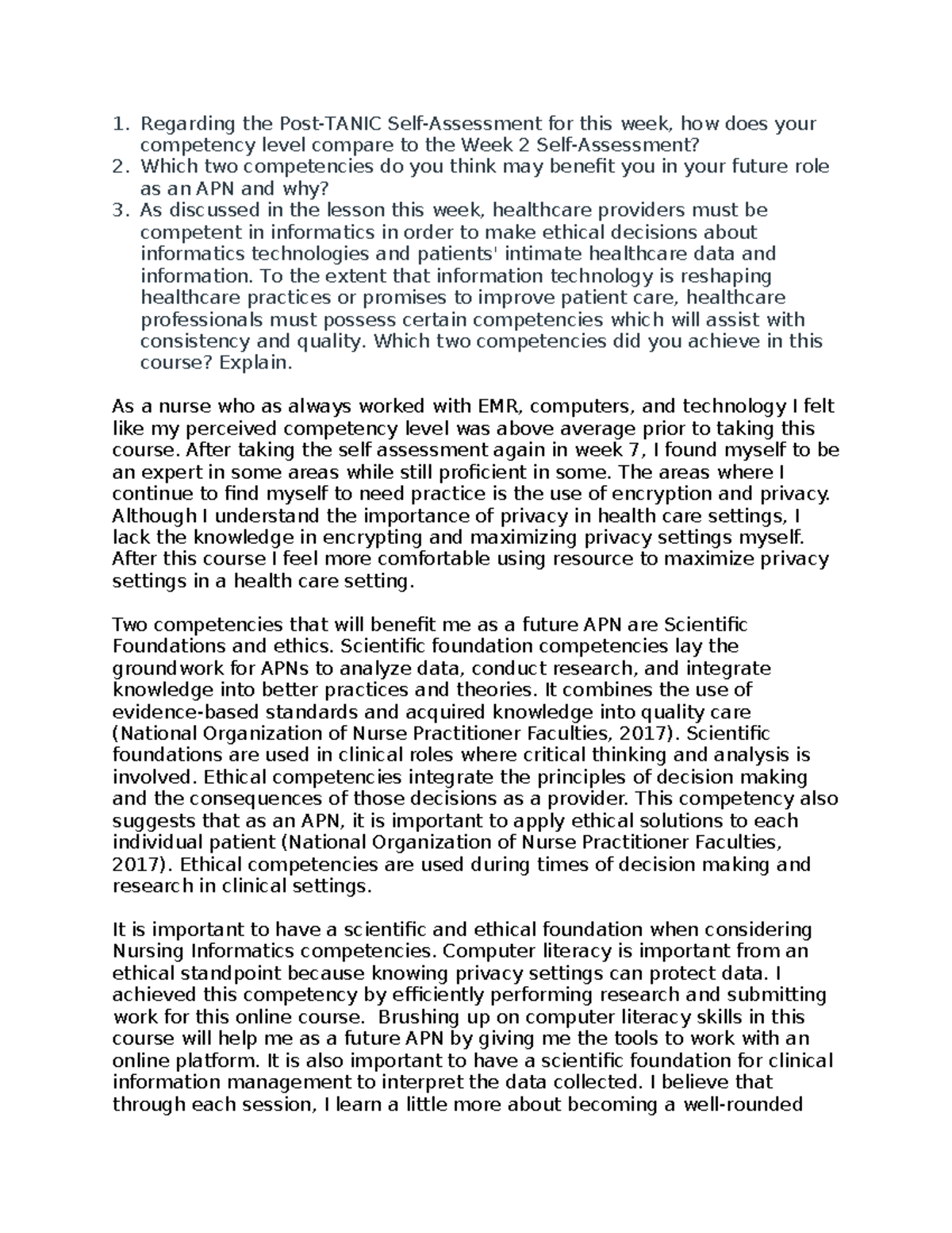 Week 7 discussion - 1. Regarding the Post-TANIC Self-Assessment for ...