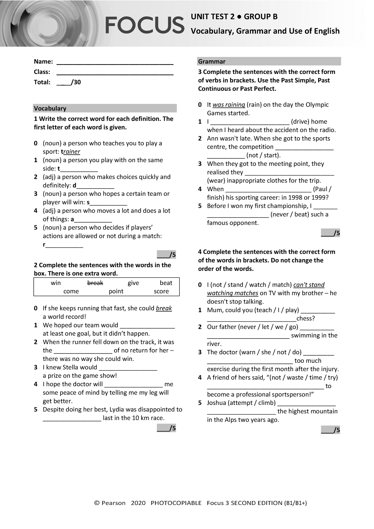 Focus 3 2E Unit Test Vocabulary Grammar Uo E Unit2 Group B - © Pearson ...