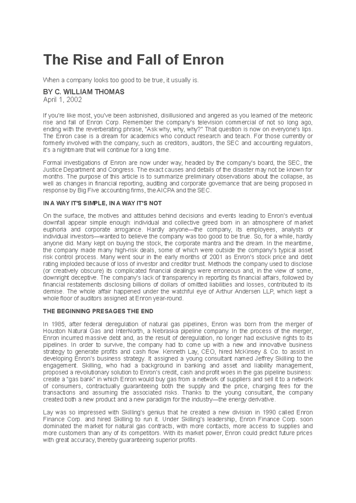 The Rise And Fall Of Enron - BY C. WILLIAM THOMAS April 1, 2002 If You ...