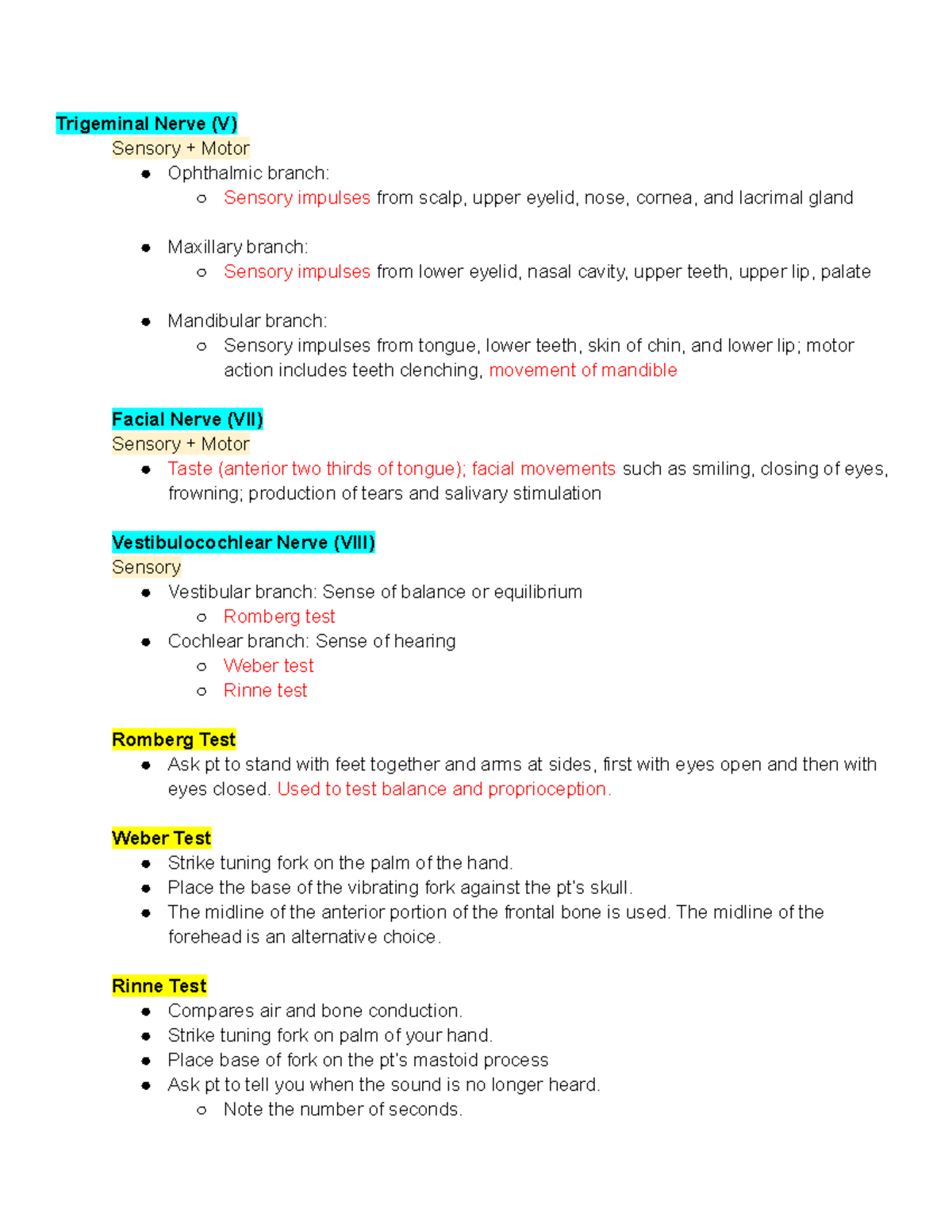 Test- NURS 210- Final - Study Guide - Trigeminal Nerve (V) Sensory ...