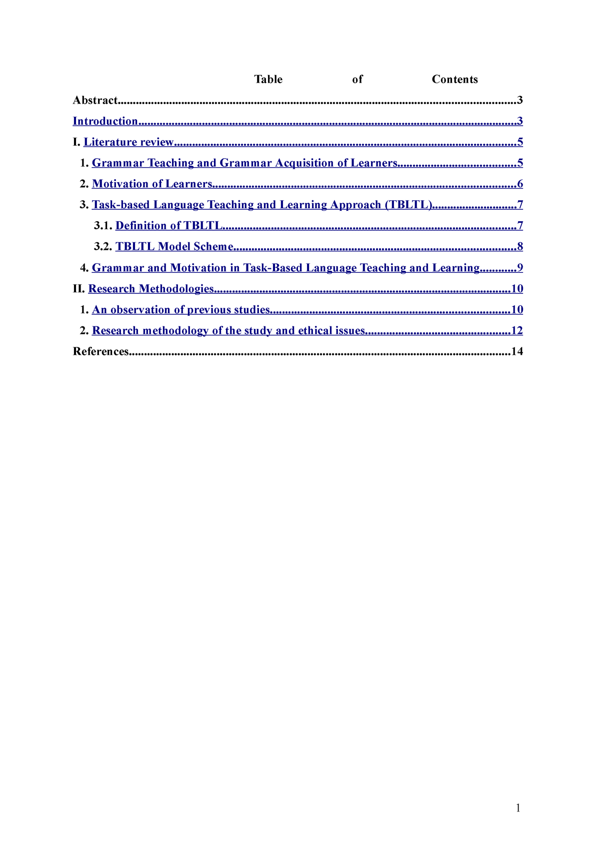 literature review table of contents examples