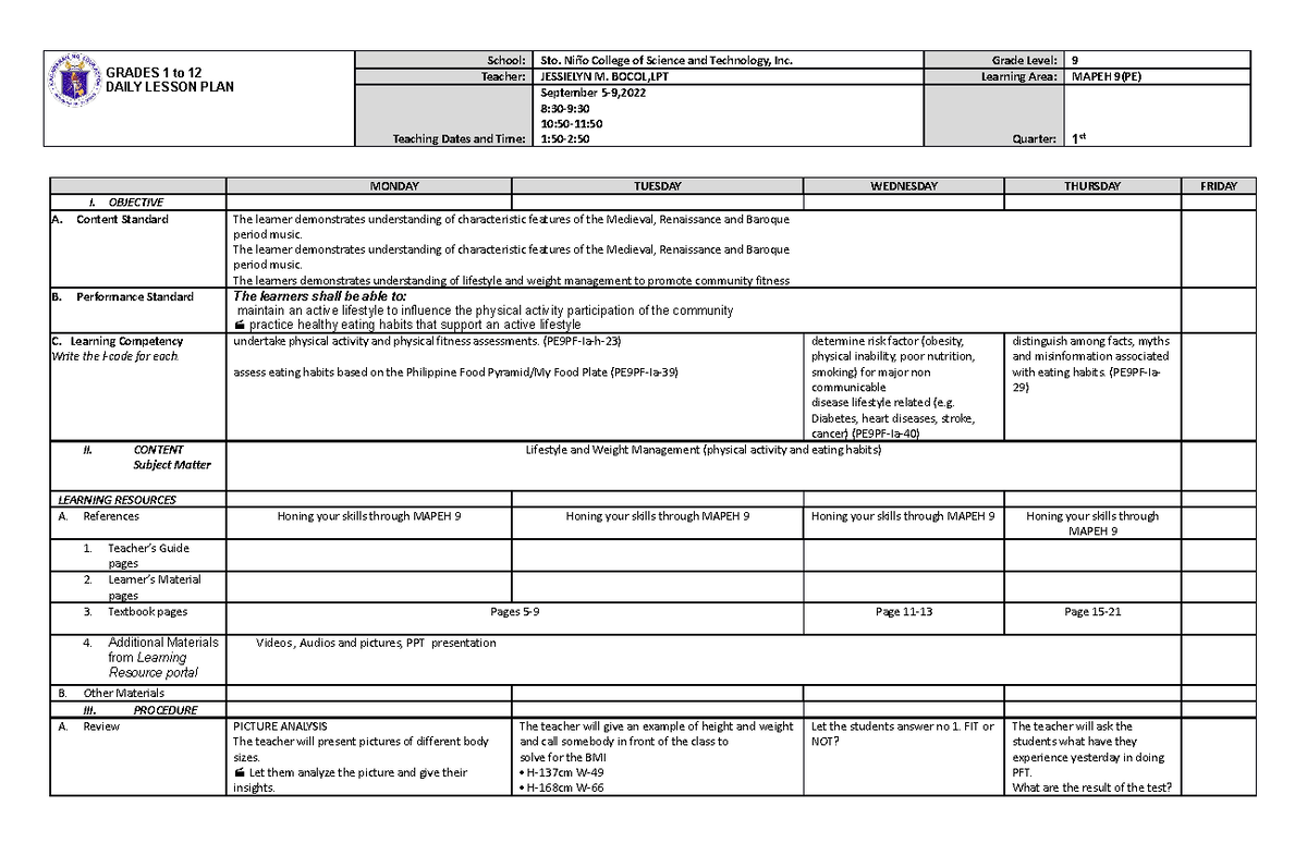 Q1 PE9 WEEK 12 - N/A - GRADES 1 to 12 DAILY LESSON PLAN School: Sto ...