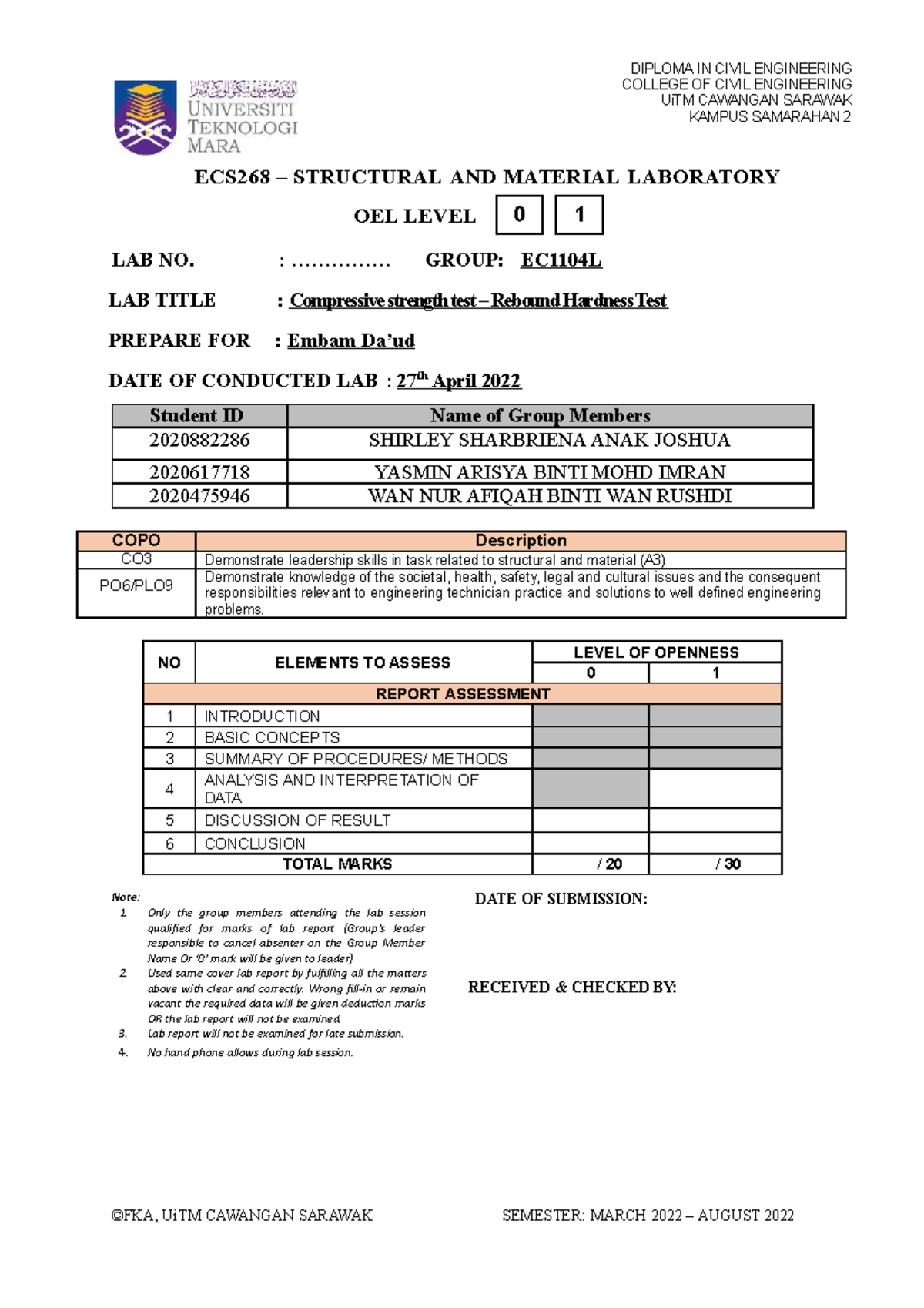 Rebound hammer 263 DIPLOMA IN CIVIL ENGINEERING COLLEGE OF CIVIL