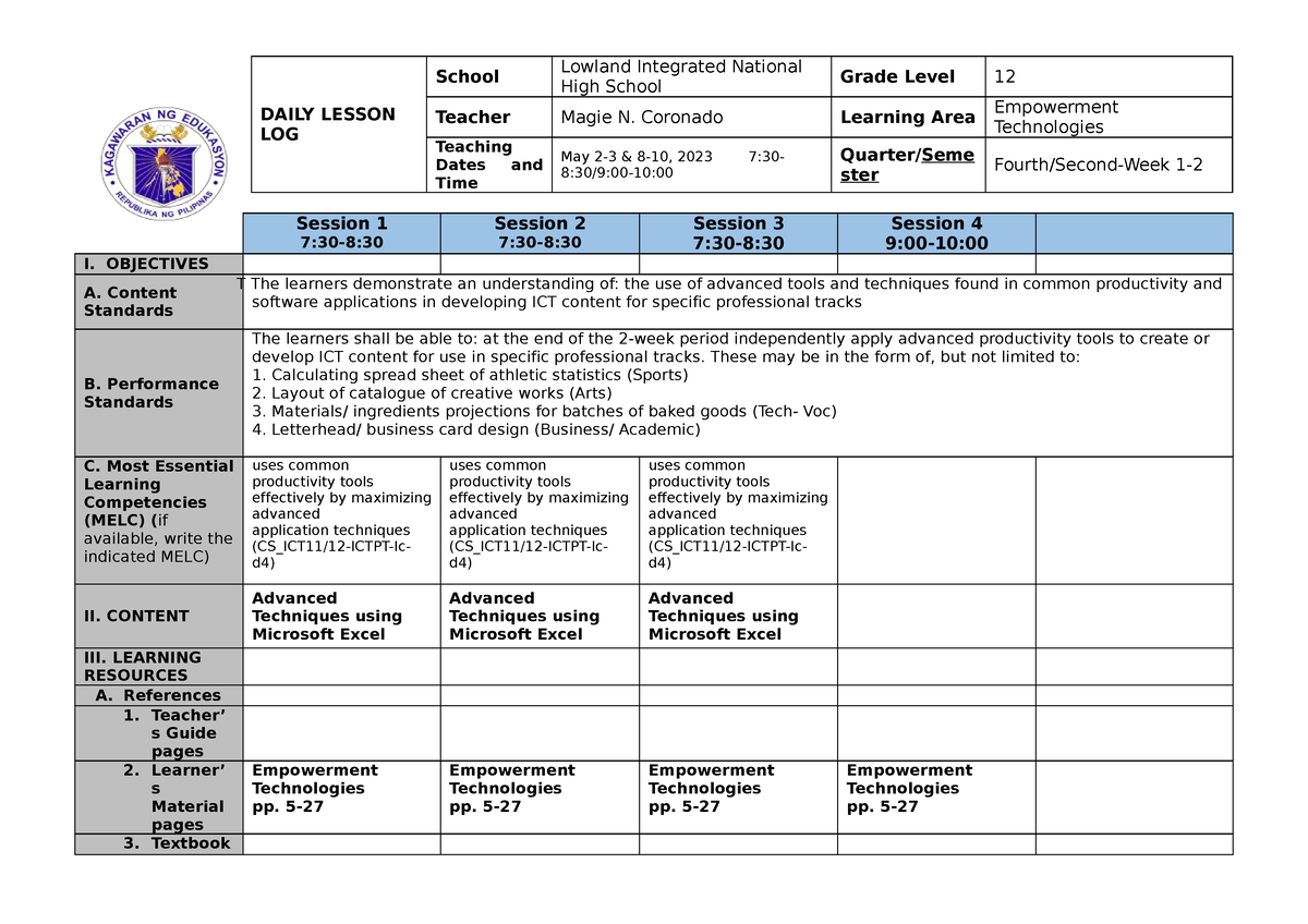 LE-DLL- Empowerment week-1-2 4th-Qtr - DAILY LESSON LOG School Lowland ...