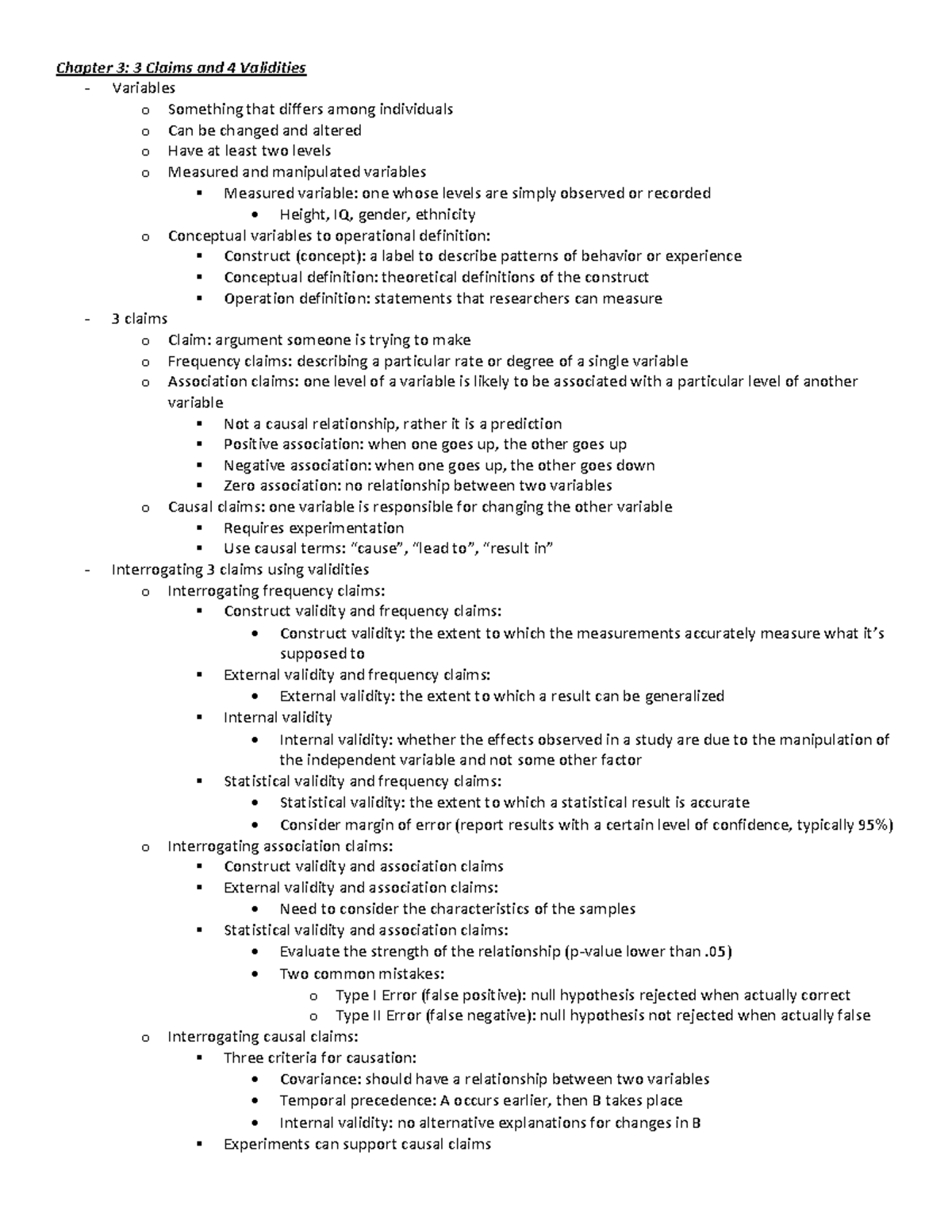 Research Methods Ch 3 - Notes on 3 Claims and 4 Validities; Yun ...