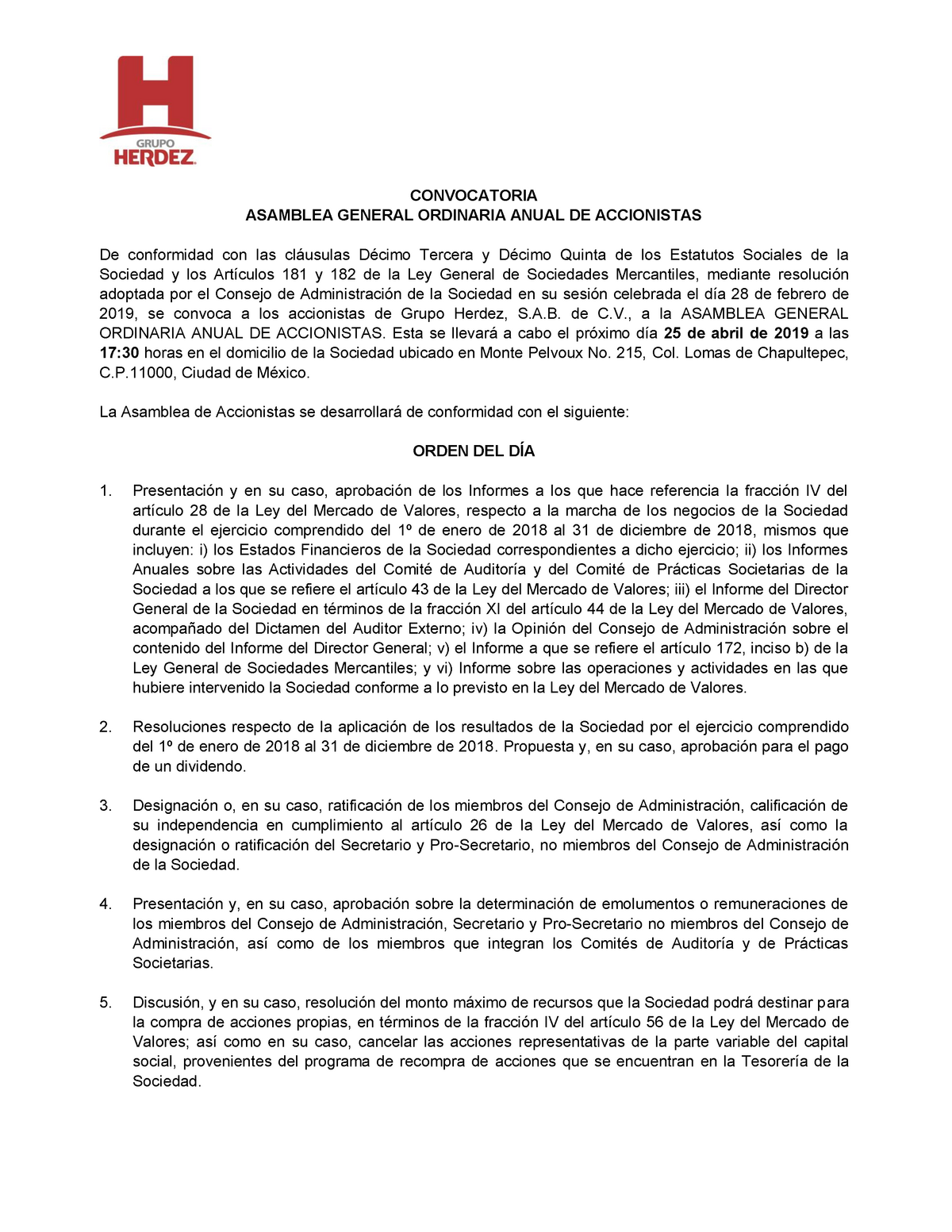 Convocatoria Asamblea General Anual De Accionistas 2019 Convocatoria