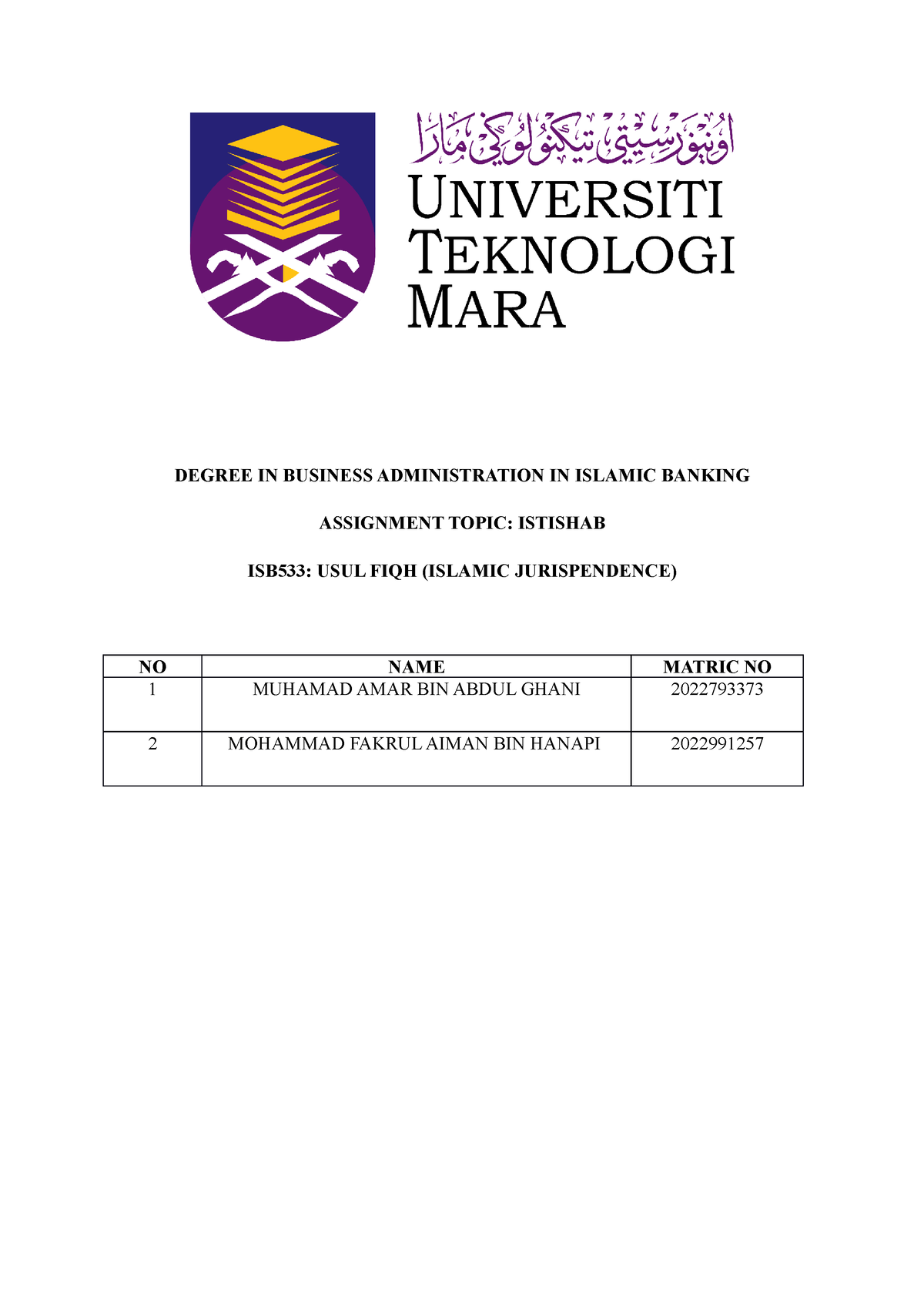 Istishab - DEGREE IN BUSINESS ADMINISTRATION IN ISLAMIC BANKING ...