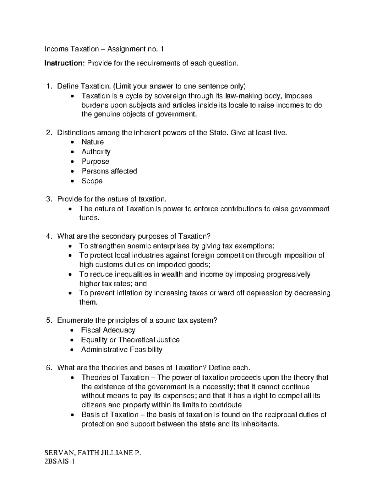 Taxation chapter 1 - SERVAN, FAITH JILLIANE P. 2BSAIS- Income Taxation ...