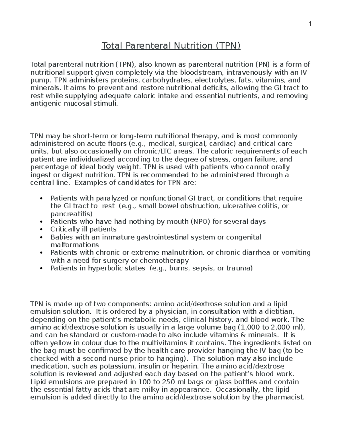 TPN and Lipids - Lecture notes 11 - Total Parenteral Nutrition (TPN ...