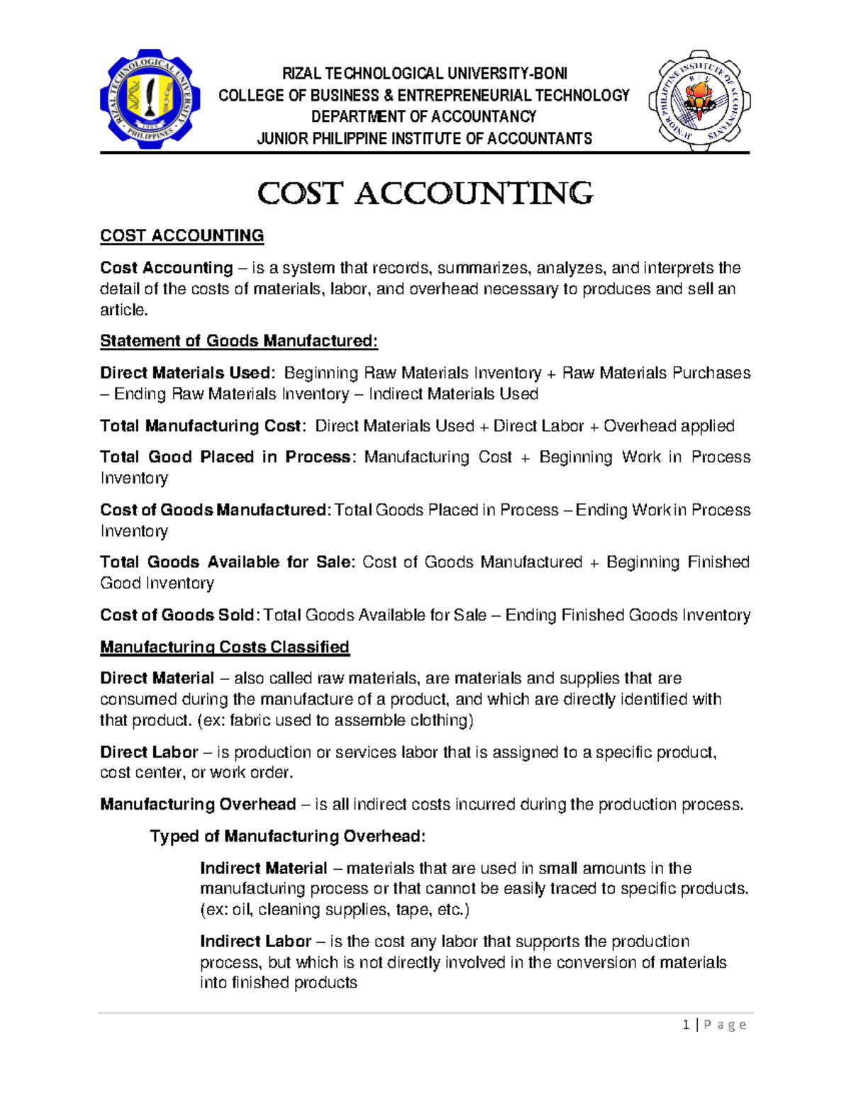 Cost Accounting Statement of Goods Manufactured Direct Materials