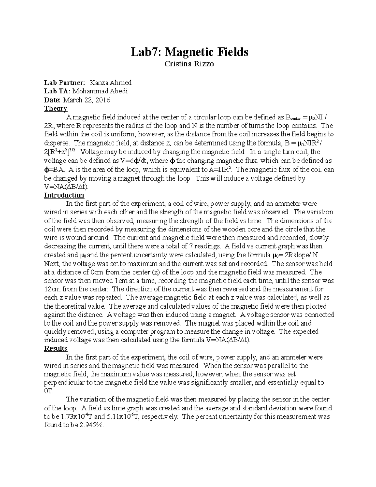 Physics spring lab 7 write up - Lab7: Magnetic Fields Cristina Rizzo ...