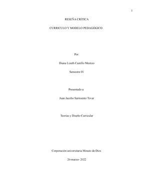 Reseña Critica - mnnnnnnnnnnnn - RESEÑA CRÍTICA CURRICULO Y MODELO  PEDAGÓGICO Por: Diana Lizeth - Studocu