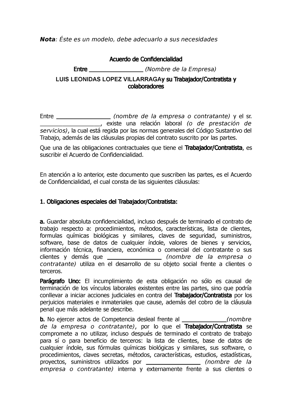 Acuerdo de confidencialidad trabajadores y contratistas - Nota : Éste es un  modelo, debe adecuarlo a - Studocu