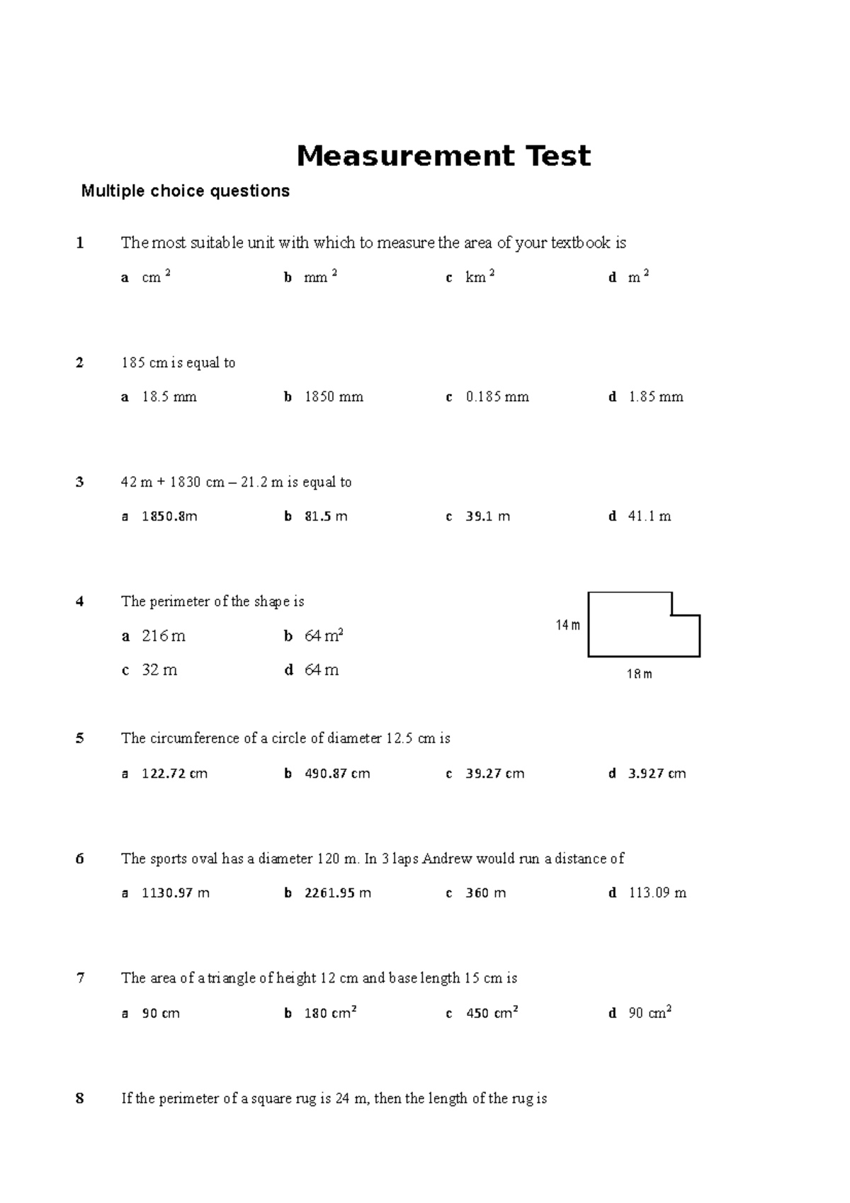 8. Measurement. Test - Practice questions - Measurement Test Multiple ...