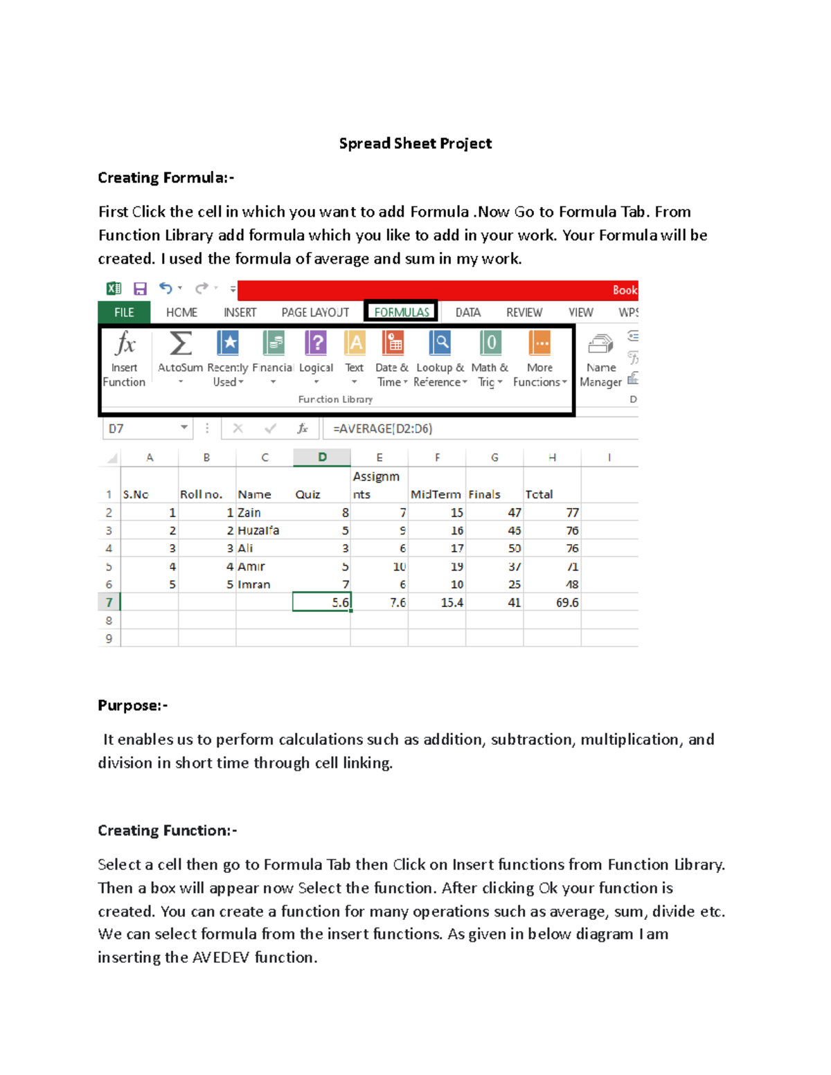 Spread Sheet Project - Spread Sheet Project Creating Formula:- First ...
