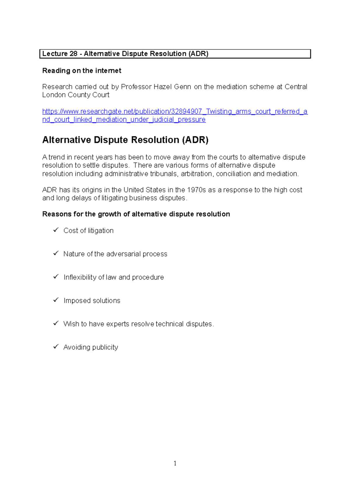 Lecture 28 notes - ADR - Roger - Lecture 28 - Alternative Dispute ...