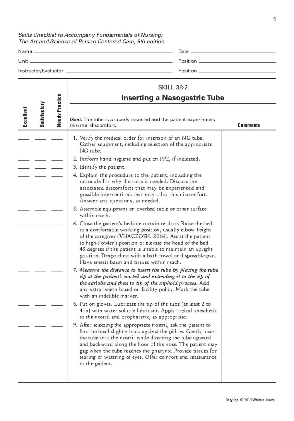 Inserting NG tube 1 Skills Checklist to Fundamentals of