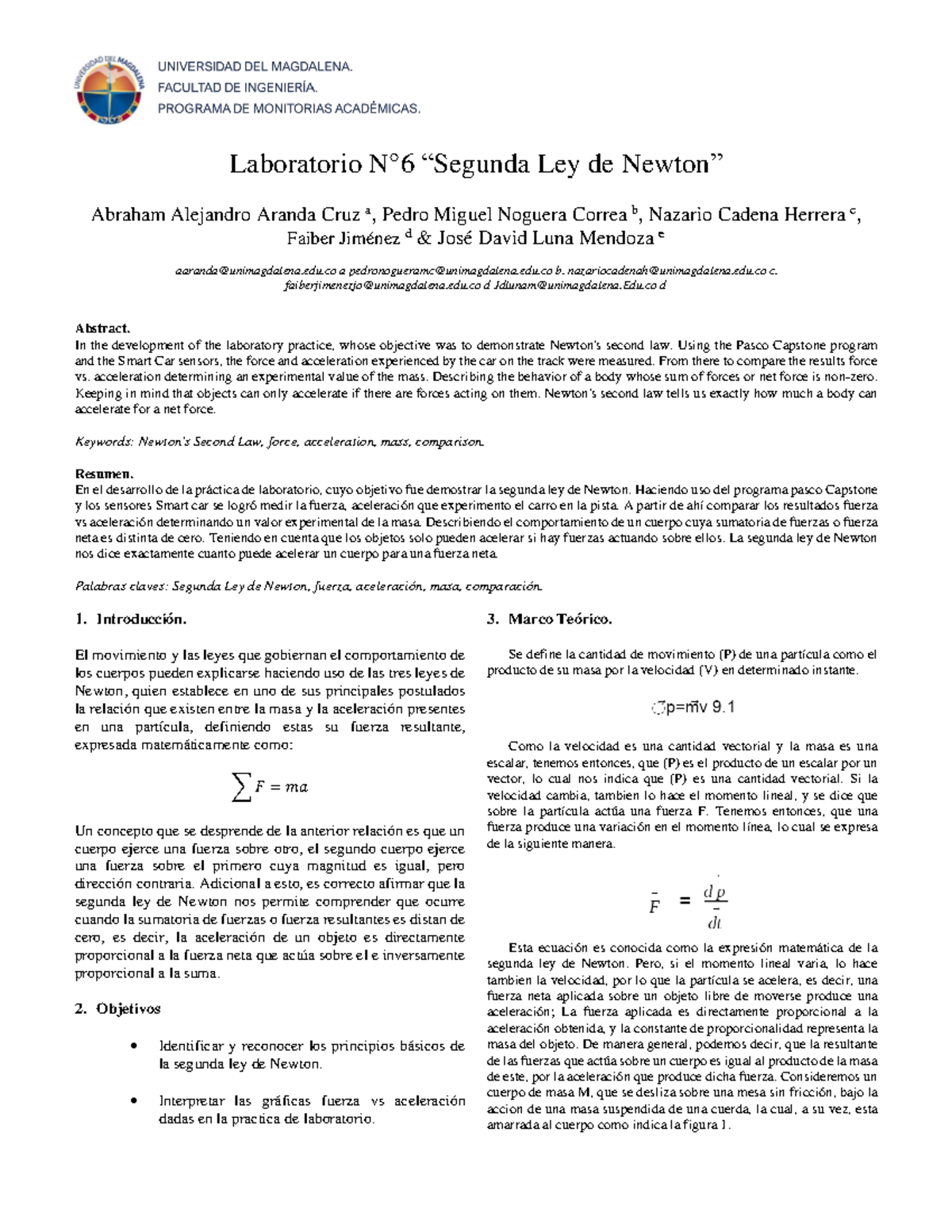 Laboratorio N°6 Segunda Ley De Newton Laboratorio N°6