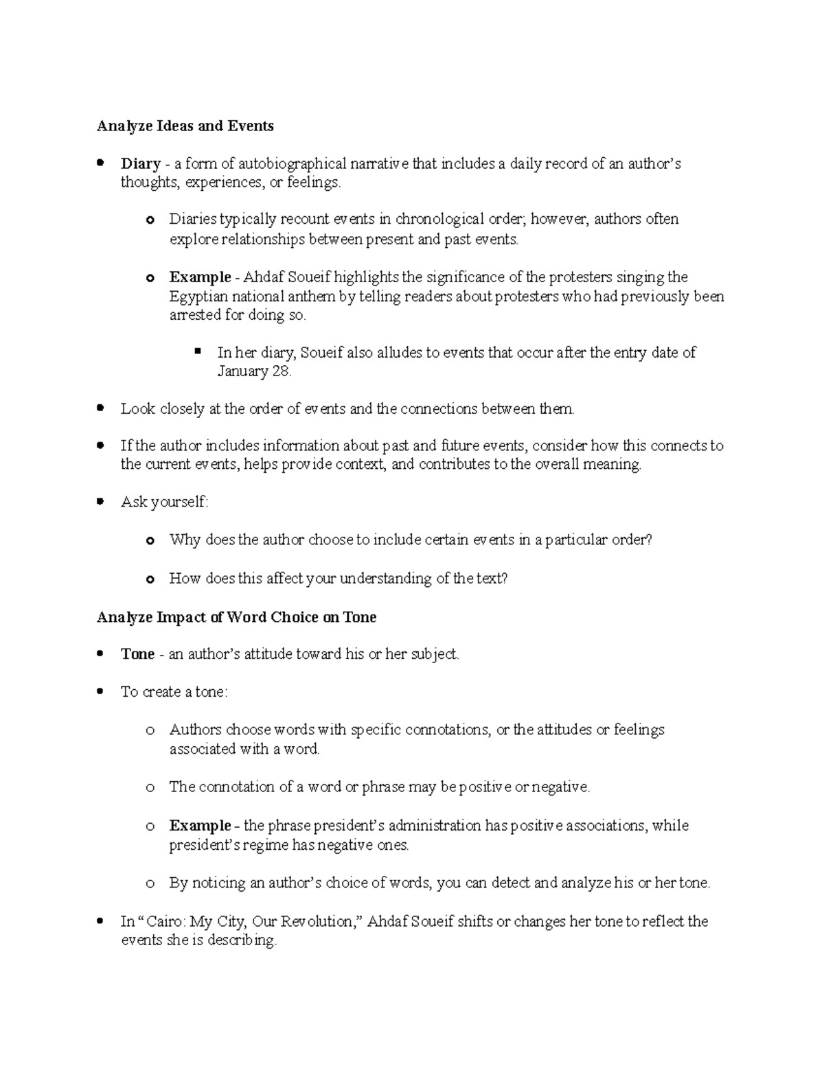 Analyze ideas and events and impact of word choice on tone - Highschool ...