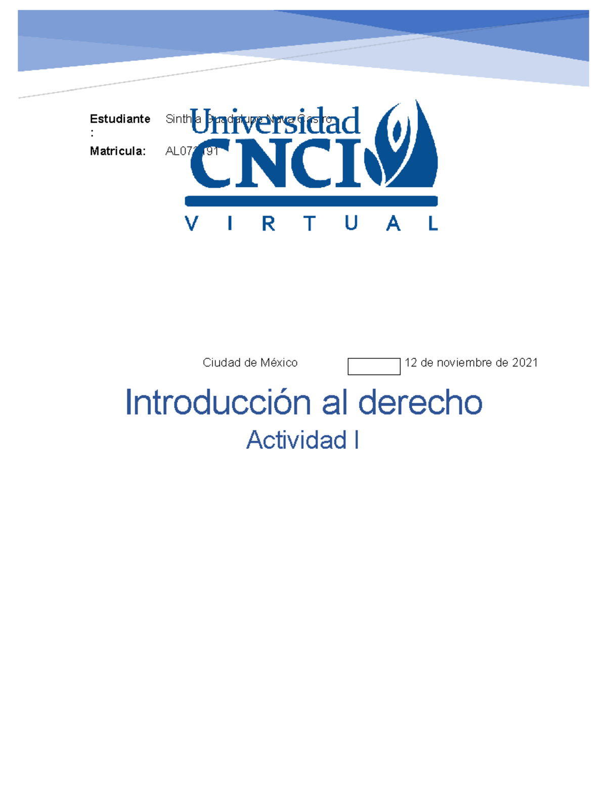 Actividad 1 Introducción Al Derecho AL073191 Sinthia Nava Castro ...