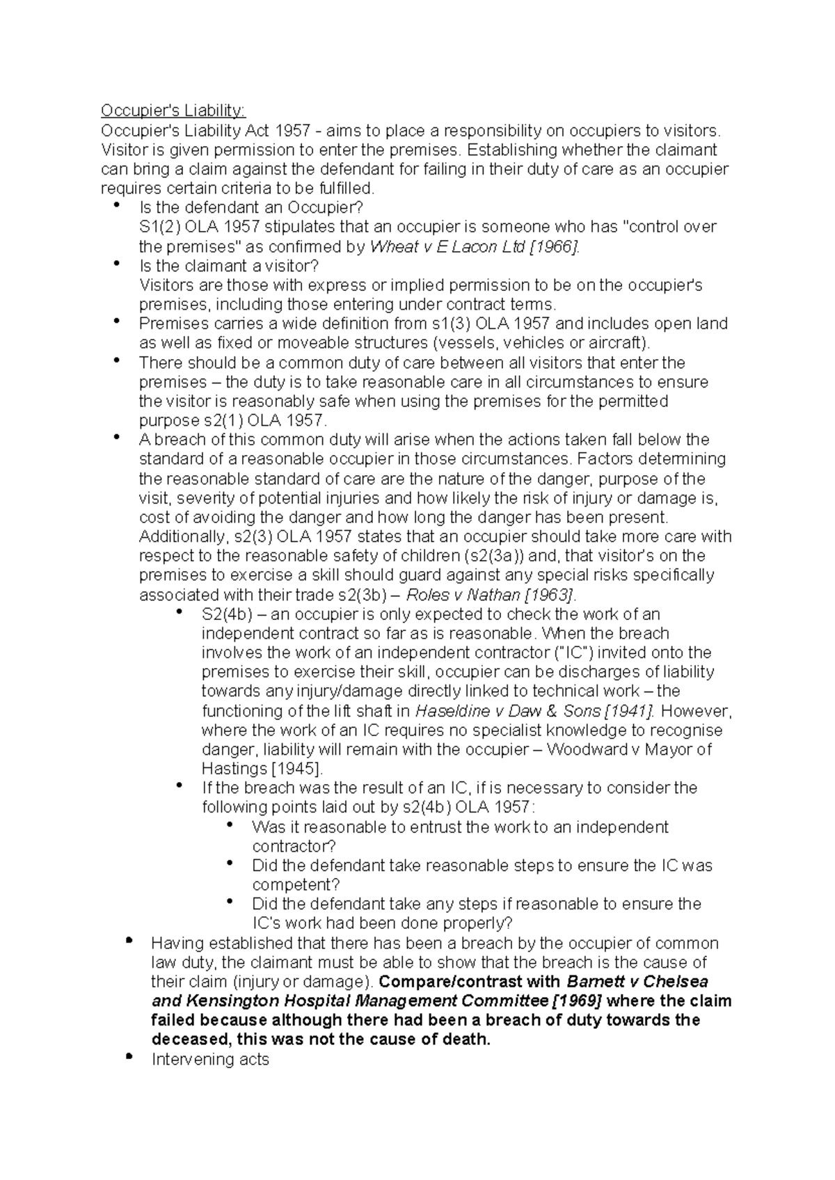 Past paper notes - Summary Tort Law - Occupier's Liability: Occupier's ...