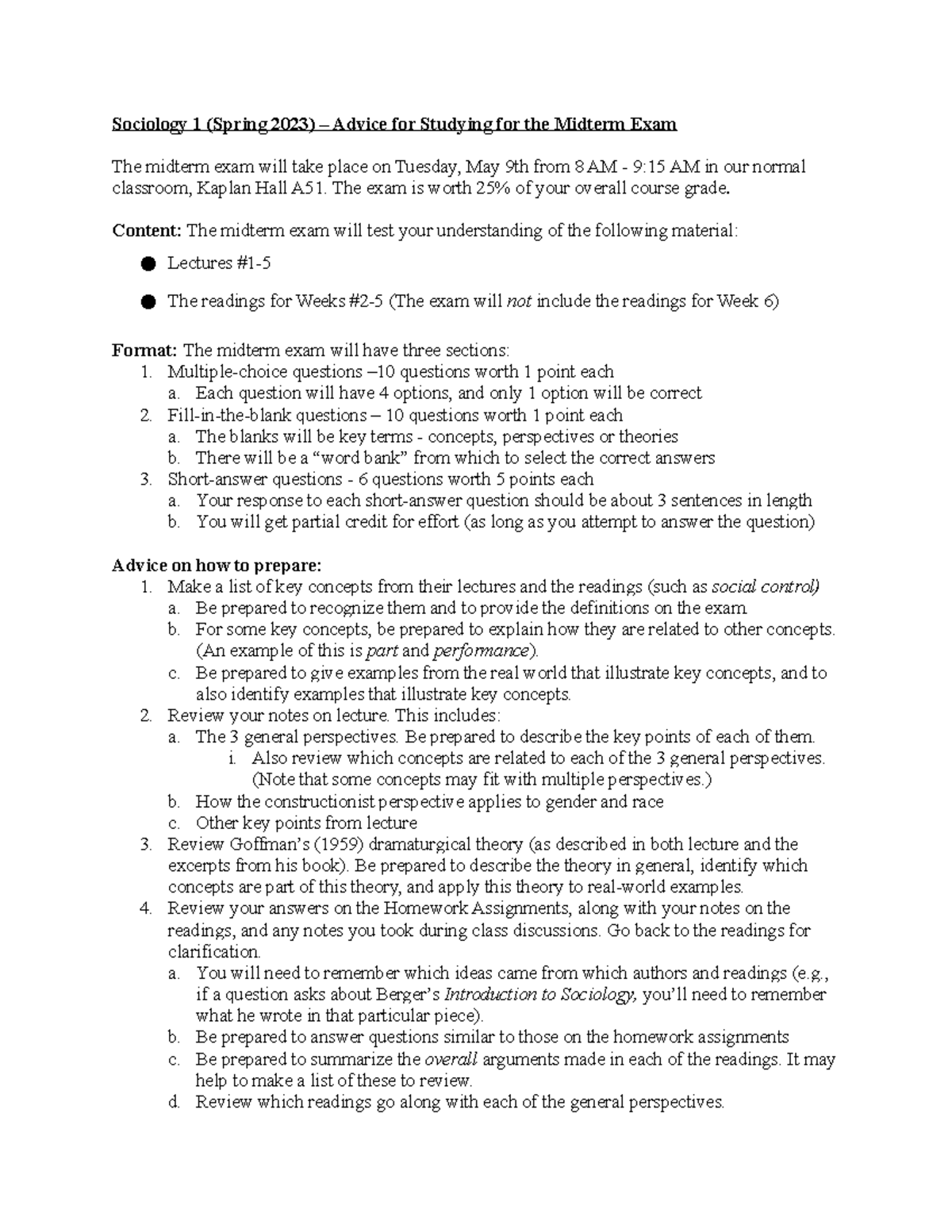 Sociology 1 Midterm Exam Study Guide - Sociology 1 (Spring 2023 ...