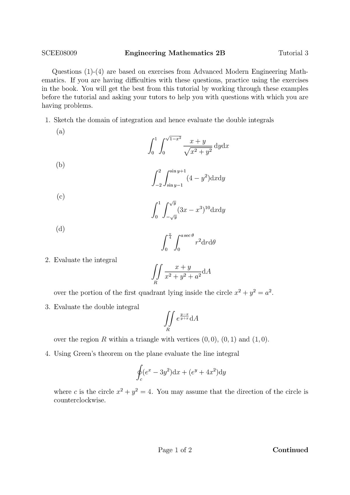 Tutorial 3 Scee Engineering Mathematics 2b Tutorial 3 Questions 1 4 Are Based On Studocu