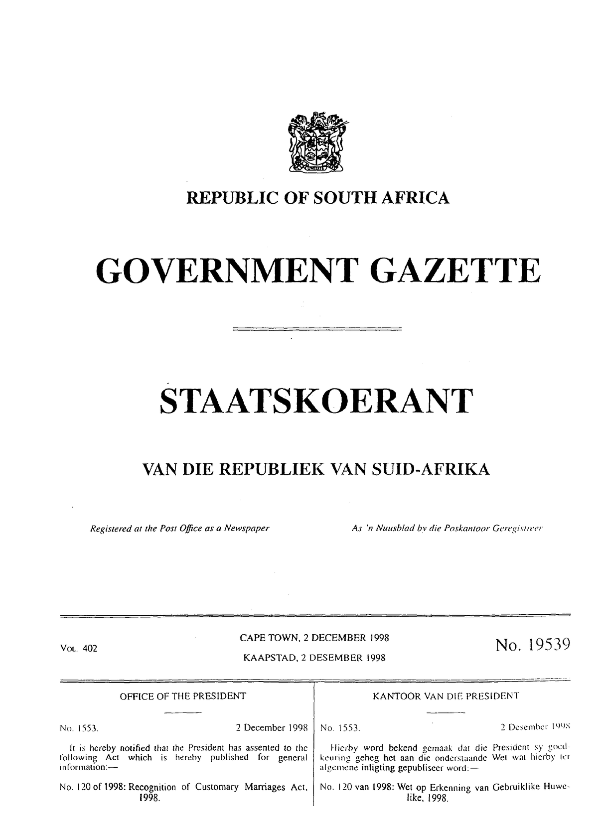 Rcma The Recognition Of Customary Marriages Act Republic Of South Africa Government Gazette