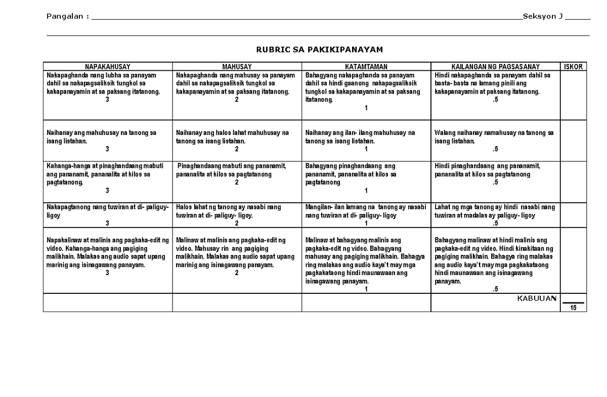 Rubric sa pakikipanayam - Pangalan : - Studocu
