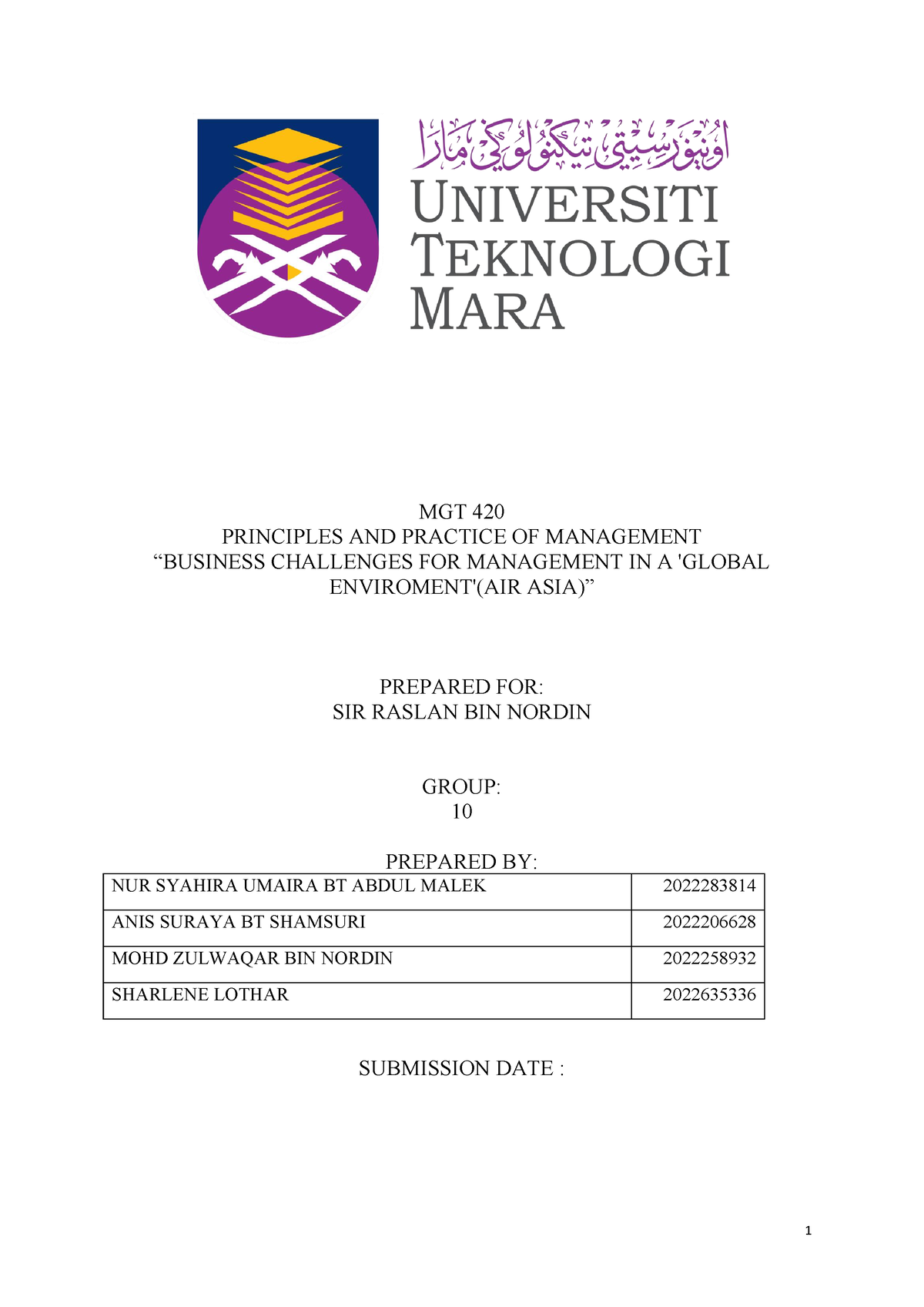 Group Global Mgmt Challenges ( Airasia) - MGT 420 PRINCIPLES AND ...