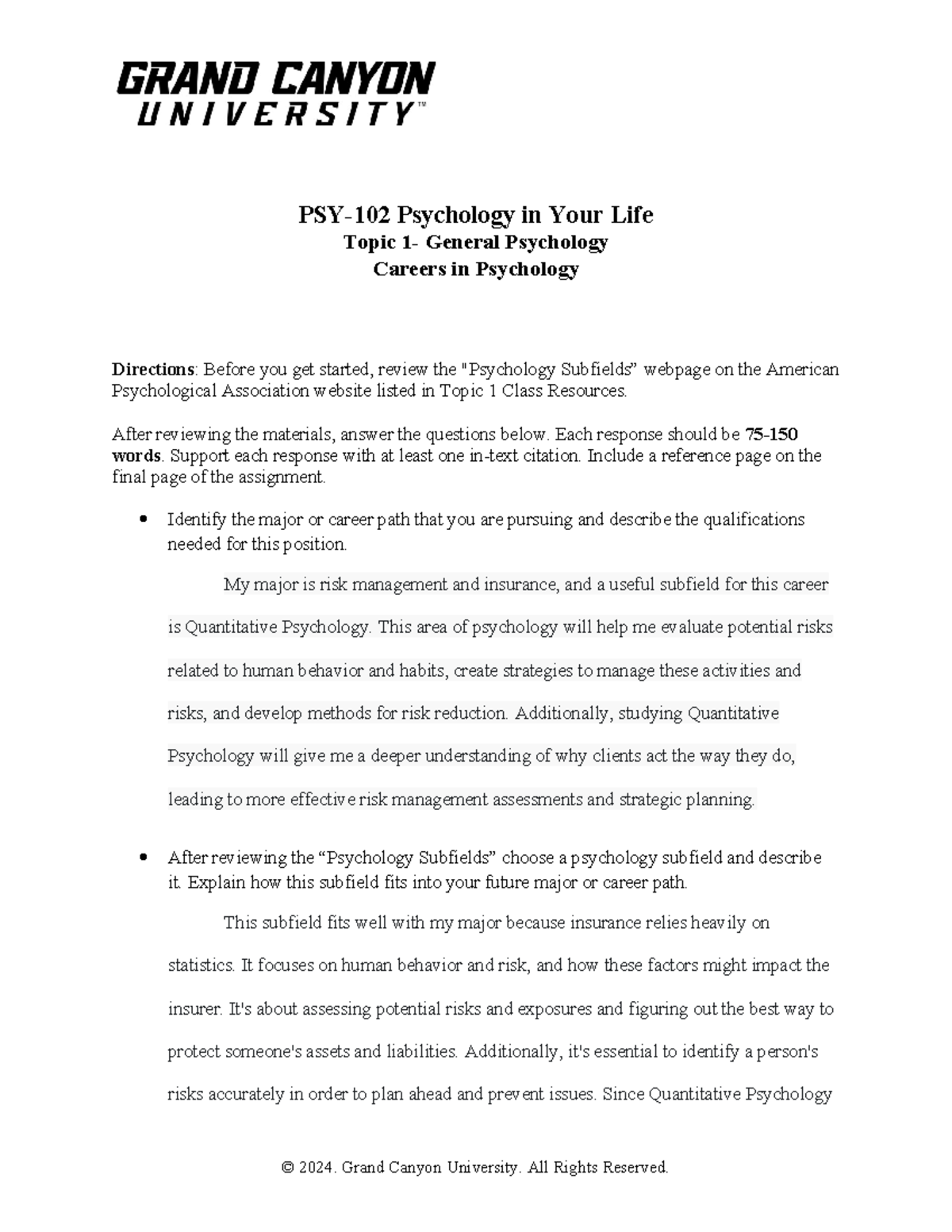 PSY 102 RS T1 Careers In Psychology UD - PSY-102 Psychology in Your ...