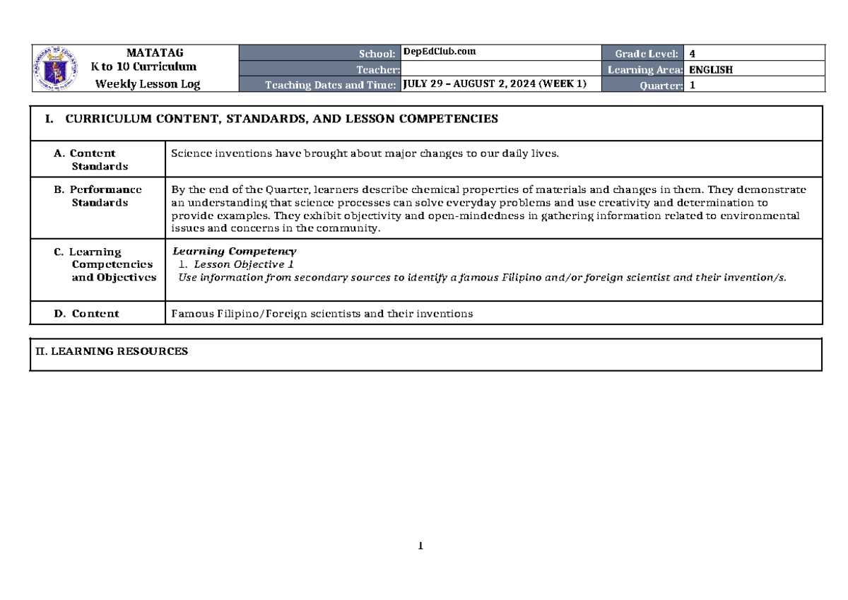 DLL Matatag Science 4 Q1 W1 - MATATAG K To 10 Curriculum Weekly Lesson ...