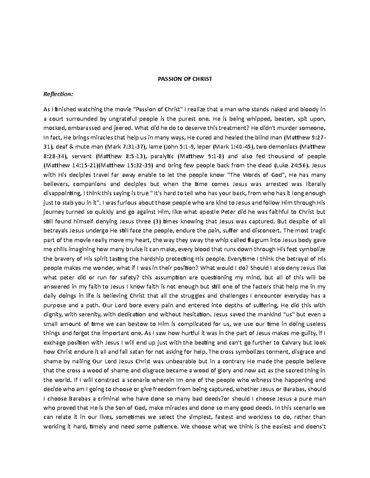 passion of christ reflection essay brainly