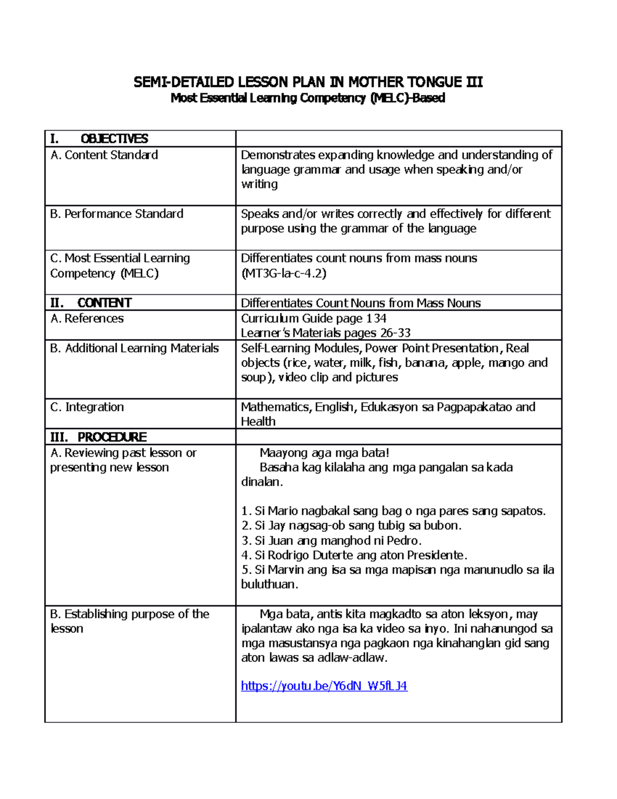 Semi Detailed Lesson Plan In Mother Tongue 3 Semi Detailed Lesson Plan In Mother Tongue Iii 9461