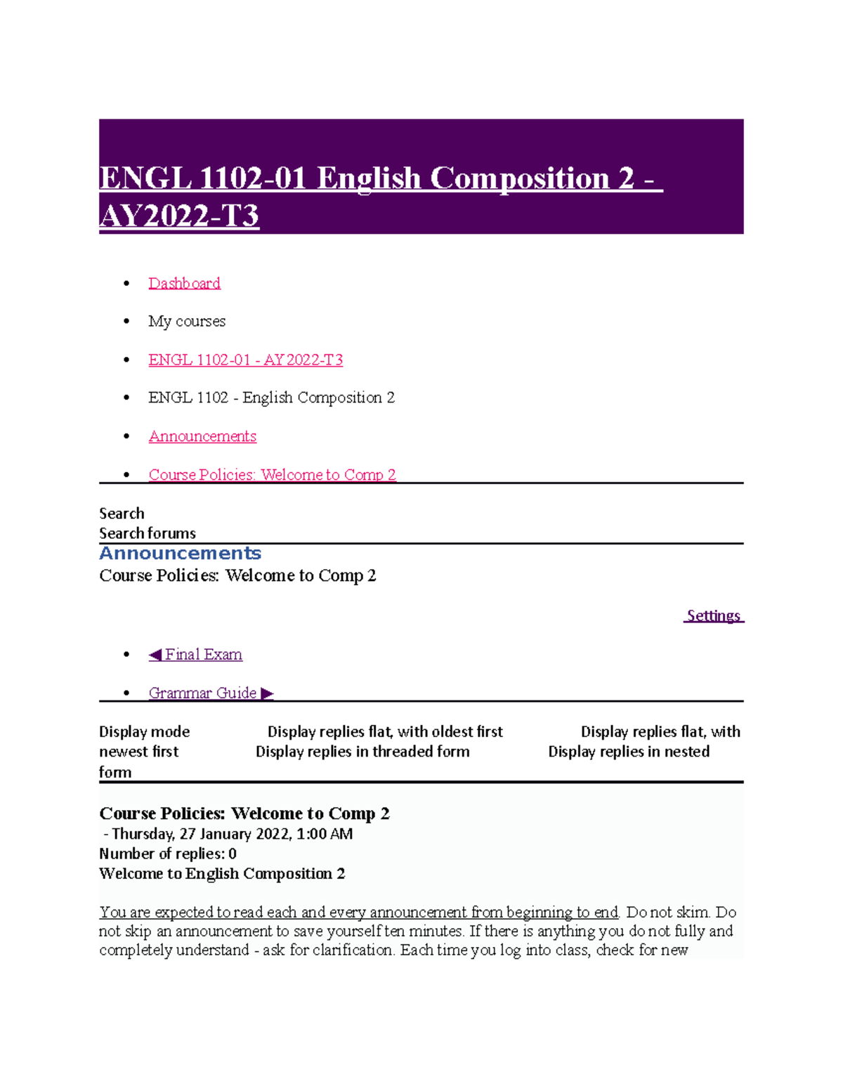 English Lecture Notes Policies ENGL 1102 - ENGL 1102-01 English ...