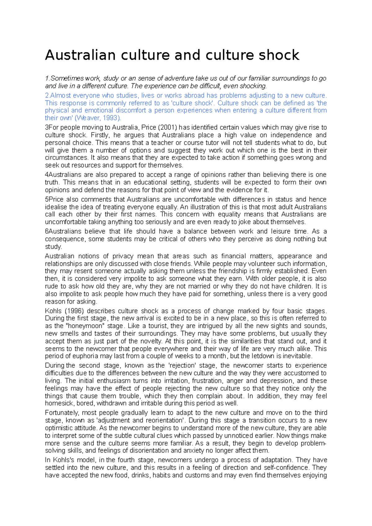 Reading TEXT practical part 1, 2,3 Australian culture and culture