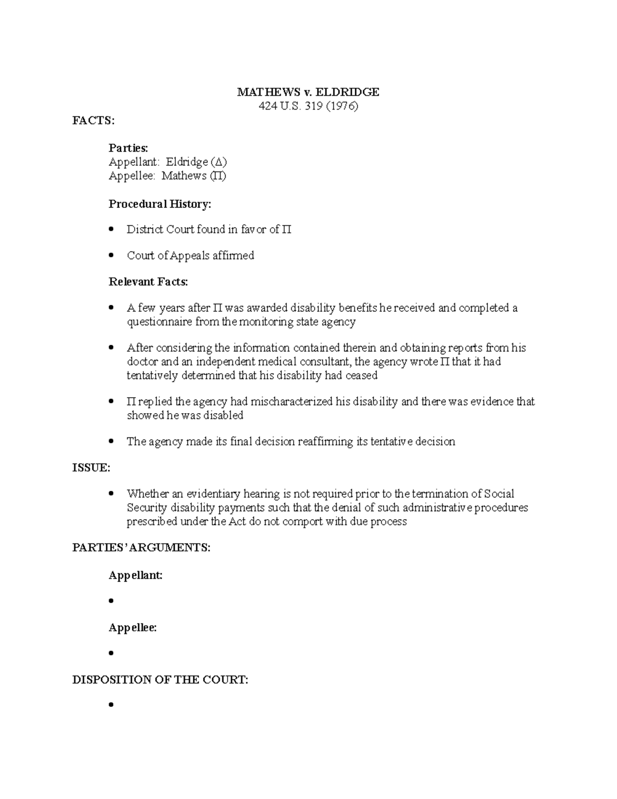 Mathews v. Eldridge Lecture notes 17 MATHEWS v. ELDRIDGE 424 U. 319