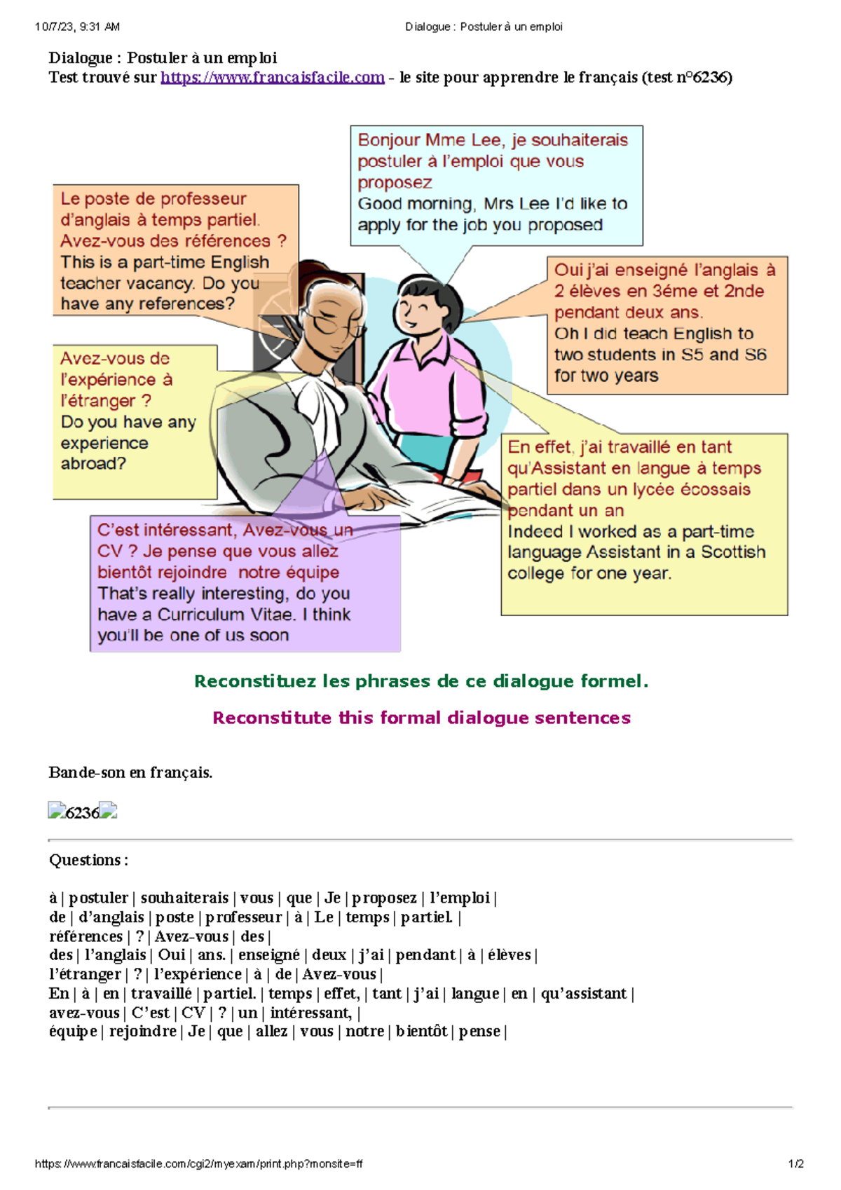 Dialogue Postuler à un emploi - 10/7/23, 9:31 AM Dialogue : Postuler à ...