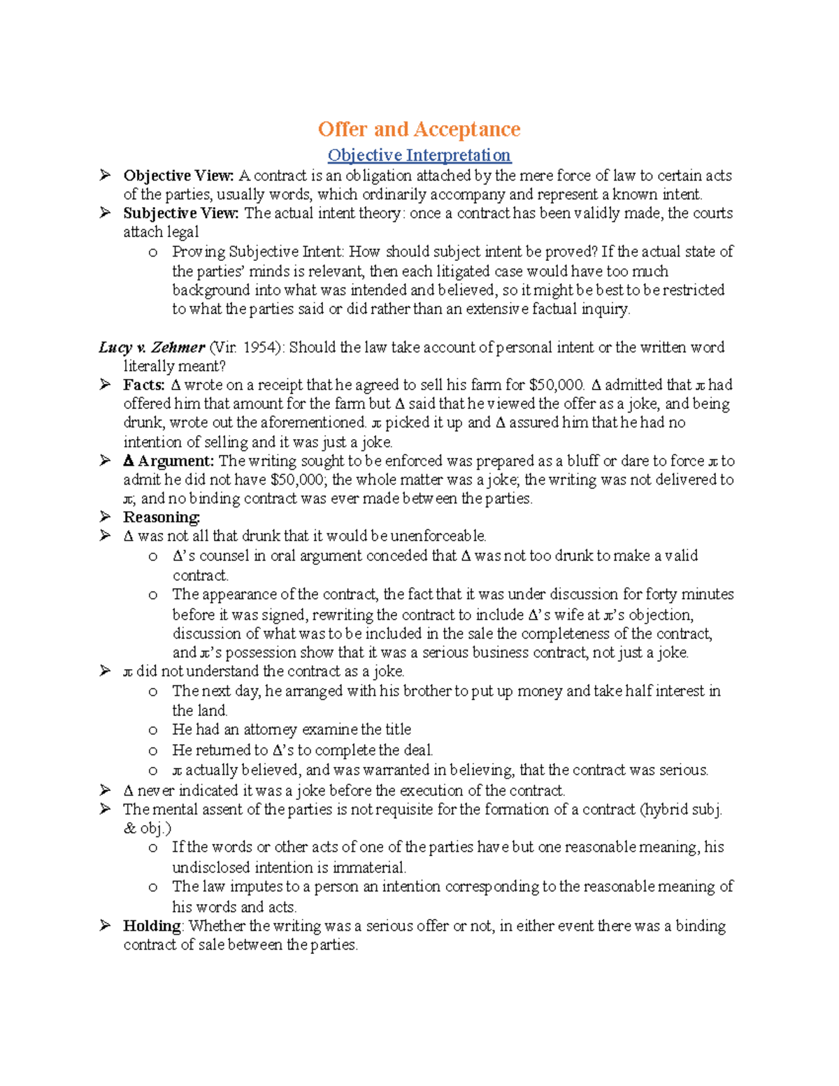 Contracts Law Outline - 2 - Offer and Acceptance Objective ...